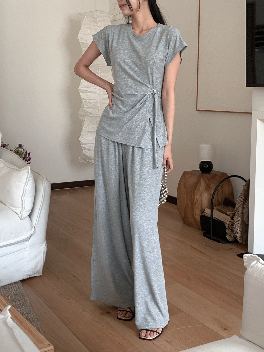 ストラップウエストゴムフレンチスリーブ半袖ワイドDリングツーピース(トップス、ボトムス)パンツTシャツ | 詳細画像7