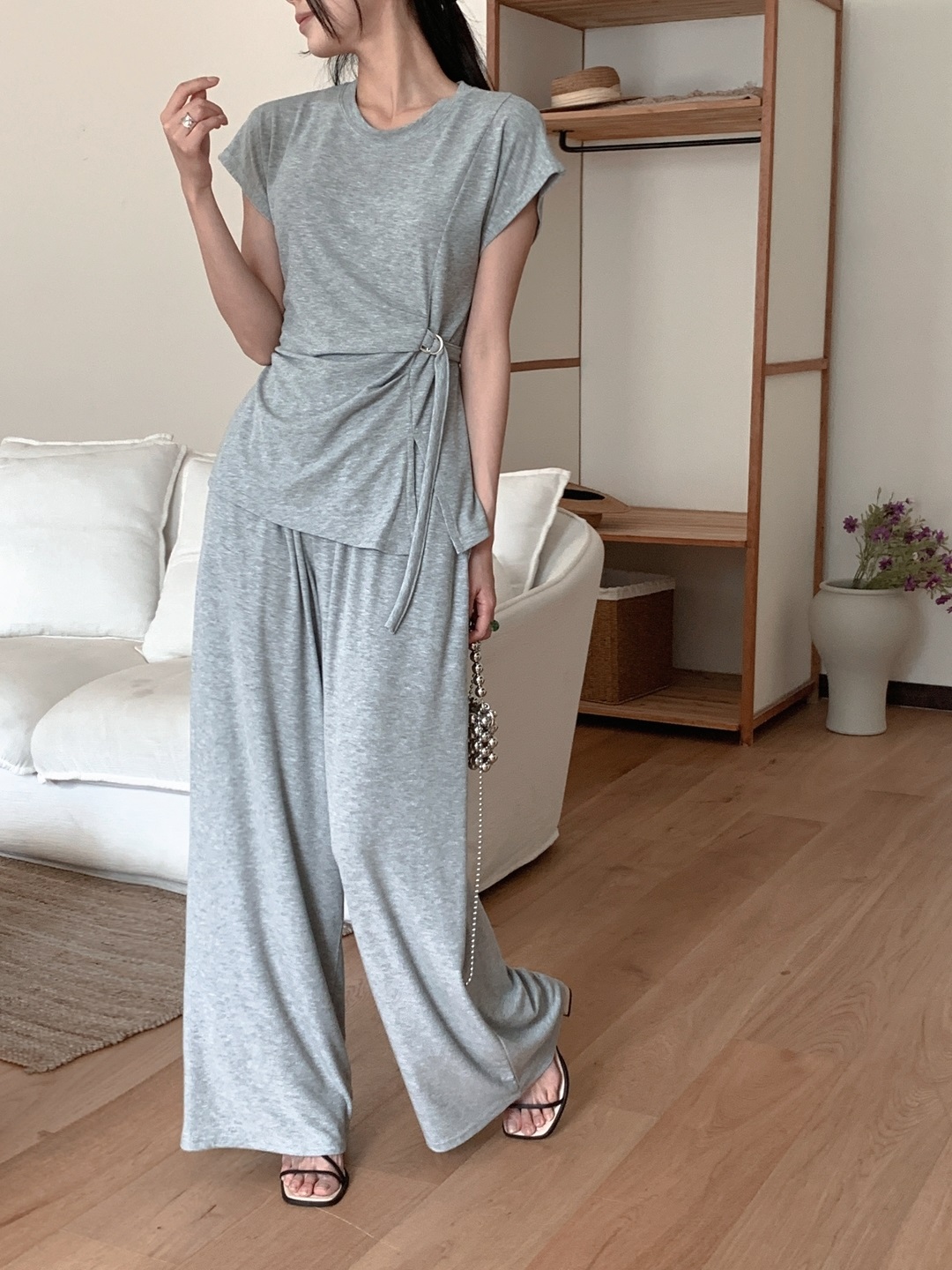 ストラップウエストゴムフレンチスリーブ半袖ワイドDリングツーピース(トップス、ボトムス)パンツTシャツ | 詳細画像8