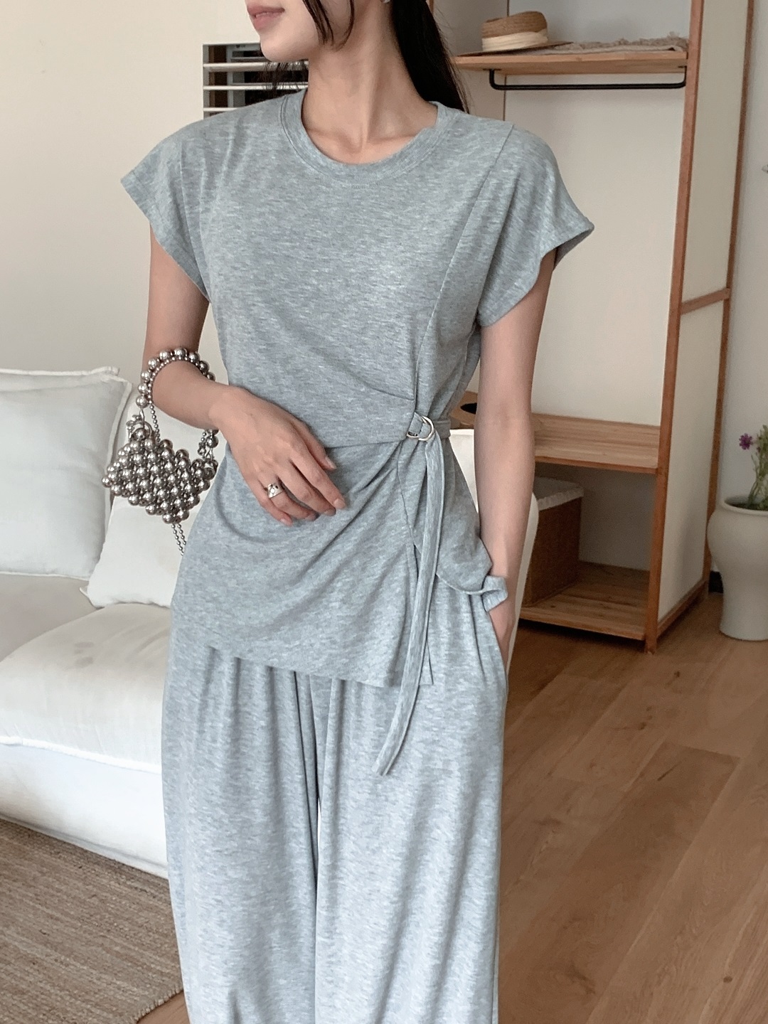 ストラップウエストゴムフレンチスリーブ半袖ワイドDリングツーピース(トップス、ボトムス)パンツTシャツ | 詳細画像11