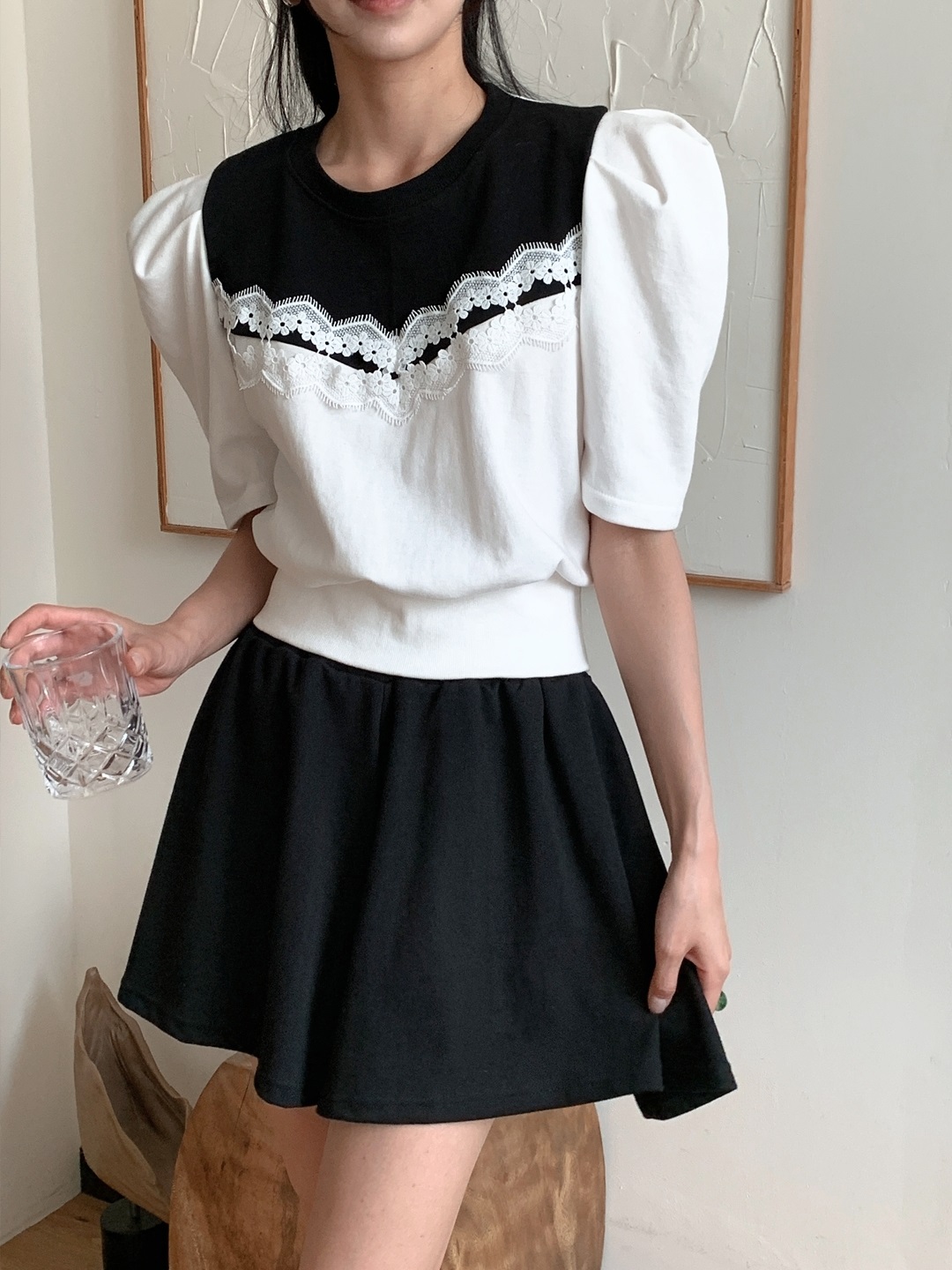 レース配色ウエストゴムパフスリーブショート半袖ツーピース(トップス、ボトムス)Tシャツショートパンツ | 詳細画像14