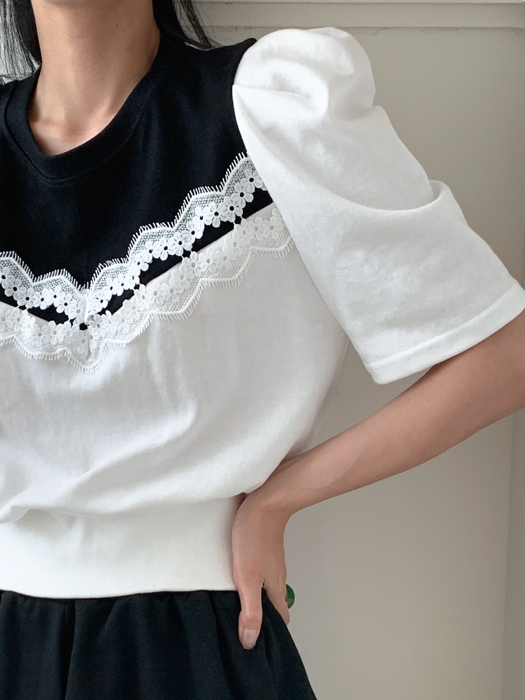 レース配色ウエストゴムパフスリーブショート半袖ツーピース(トップス、ボトムス)Tシャツショートパンツ | 詳細画像3
