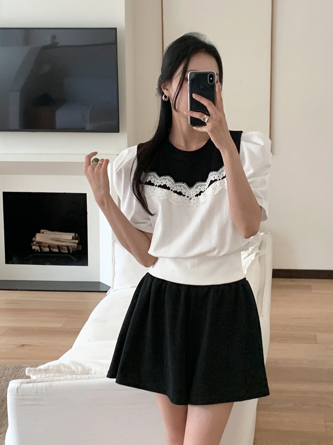 レース配色ウエストゴムパフスリーブショート半袖ツーピース(トップス、ボトムス)Tシャツショートパンツ | 詳細画像5