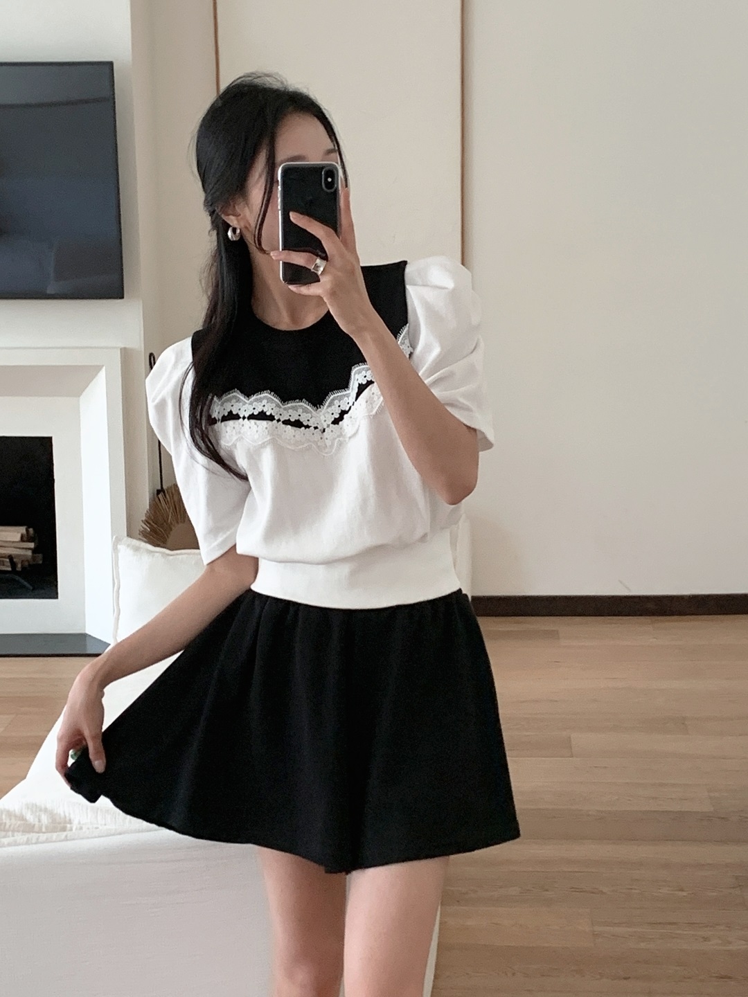 レース配色ウエストゴムパフスリーブショート半袖ツーピース(トップス、ボトムス)Tシャツショートパンツ | 詳細画像6