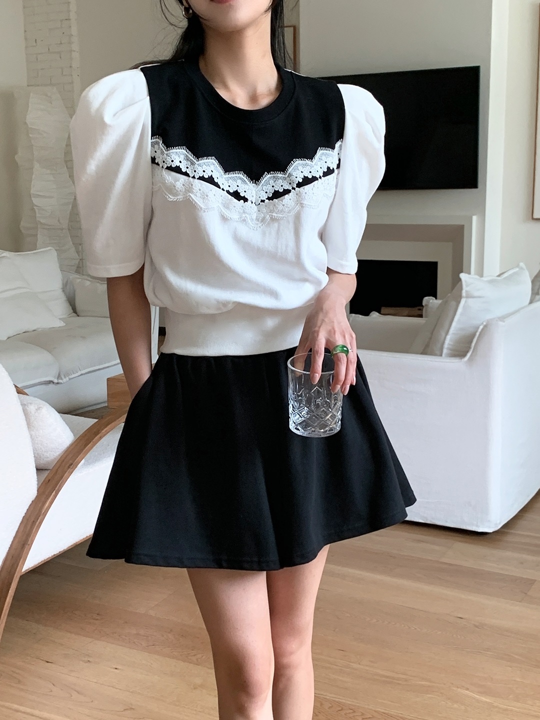 レース配色ウエストゴムパフスリーブショート半袖ツーピース(トップス、ボトムス)Tシャツショートパンツ | 詳細画像7