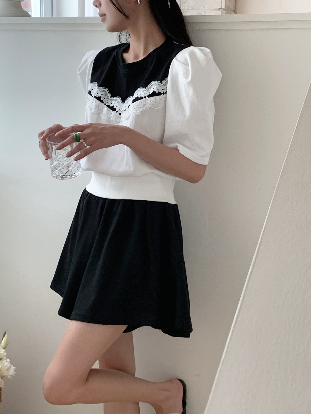 レース配色ウエストゴムパフスリーブショート半袖ツーピース(トップス、ボトムス)Tシャツショートパンツ | 詳細画像8