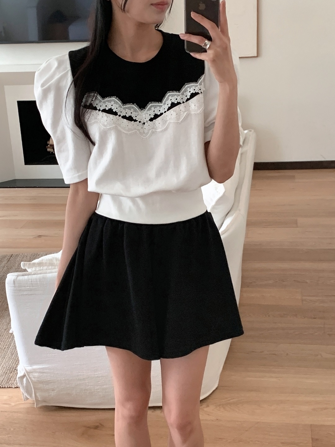レース配色ウエストゴムパフスリーブショート半袖ツーピース(トップス、ボトムス)Tシャツショートパンツ | 詳細画像9