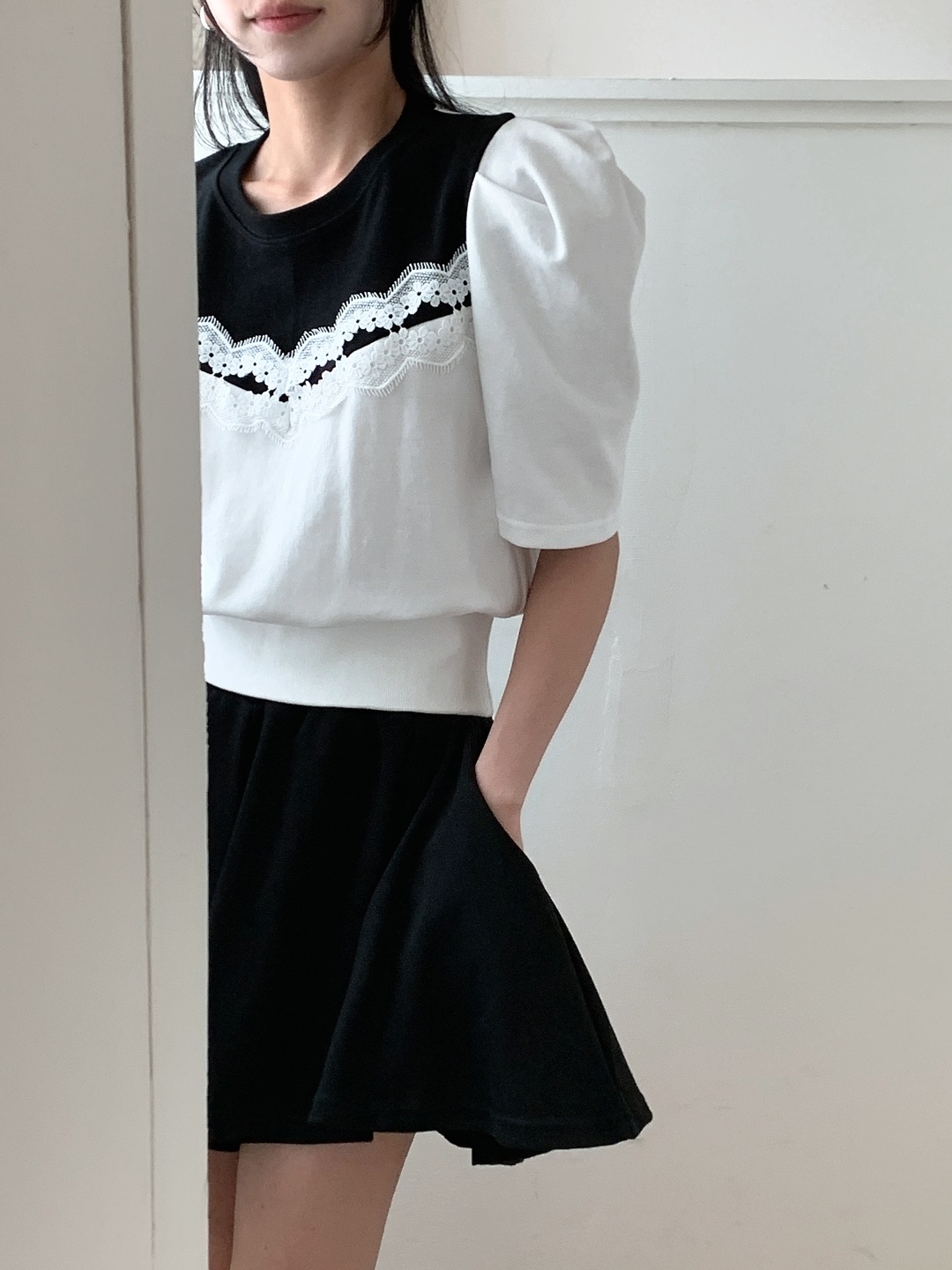 レース配色ウエストゴムパフスリーブショート半袖ツーピース(トップス、ボトムス)Tシャツショートパンツ | 詳細画像10