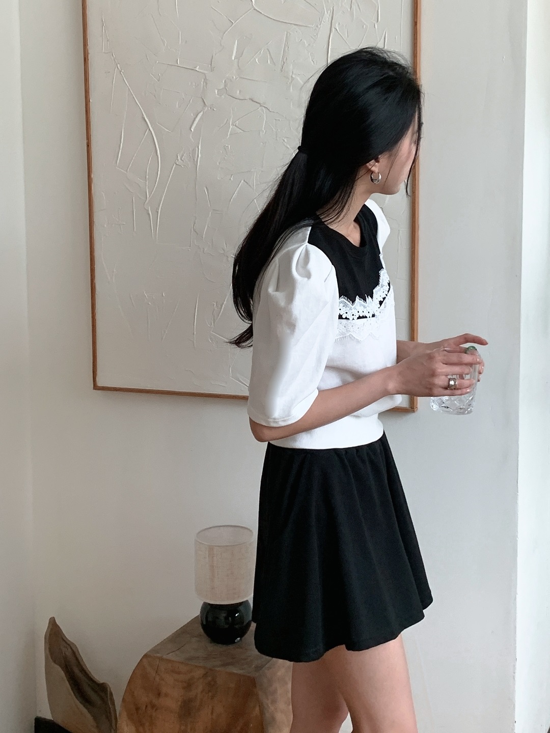 レース配色ウエストゴムパフスリーブショート半袖ツーピース(トップス、ボトムス)Tシャツショートパンツ | 詳細画像13