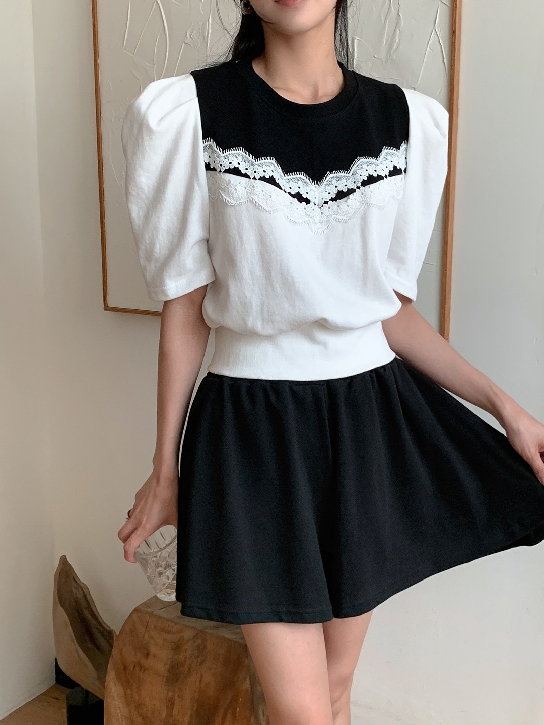 レース配色ウエストゴムパフスリーブショート半袖ツーピース(トップス、ボトムス)Tシャツショートパンツ | 詳細画像2