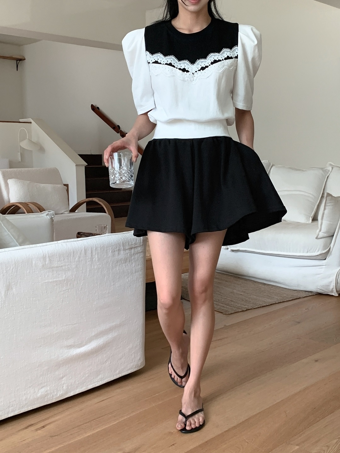 レース配色ウエストゴムパフスリーブショート半袖ツーピース(トップス、ボトムス)Tシャツショートパンツ | 詳細画像16