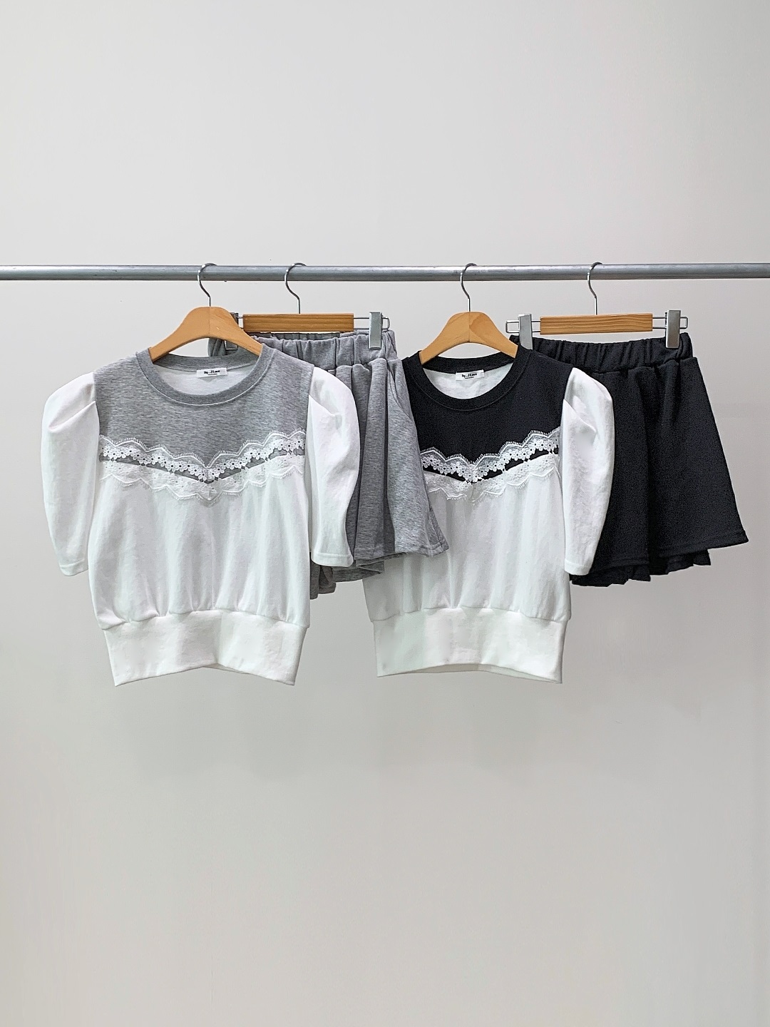 レース配色ウエストゴムパフスリーブショート半袖ツーピース(トップス、ボトムス)Tシャツショートパンツ | 詳細画像17