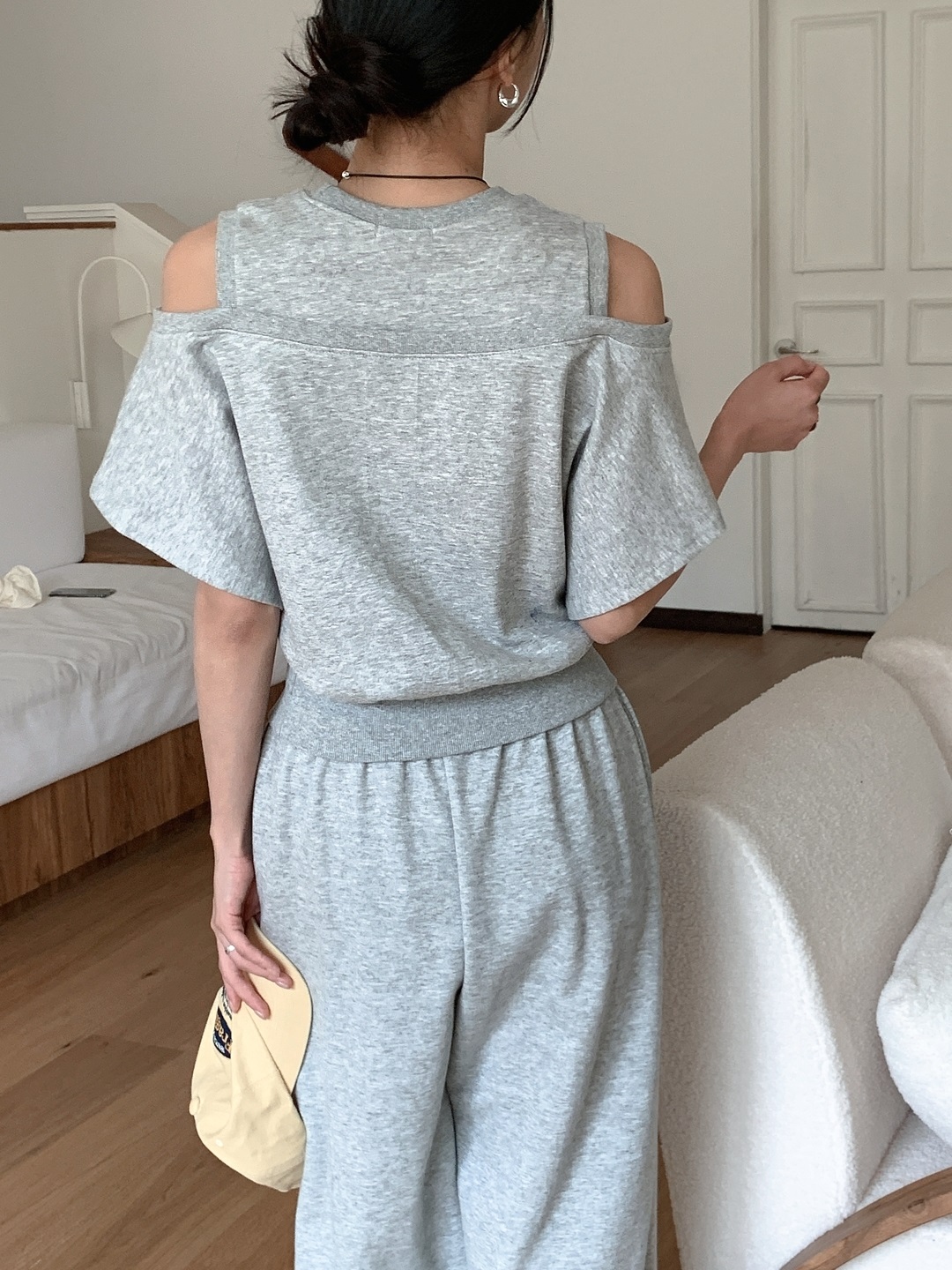 ウエストゴムルーズオープンショルダー半袖ワイドツーピース(トップス、ボトムス)パンツスウェット | 詳細画像4