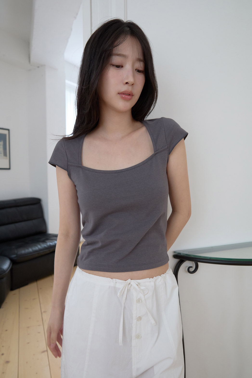 コットンキャップスリーブクロップドスリム無地TシャツSS | 詳細画像9