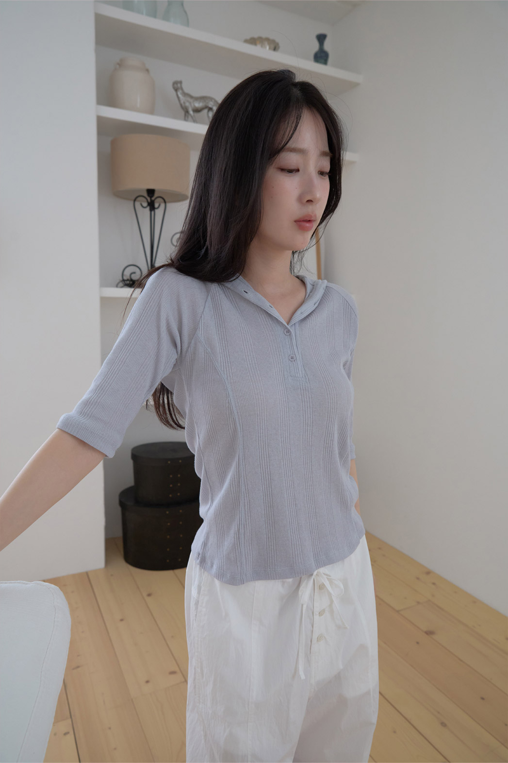 コットンセーラーカラーベーシックスリムハーフボタン無地TシャツSS | 詳細画像13