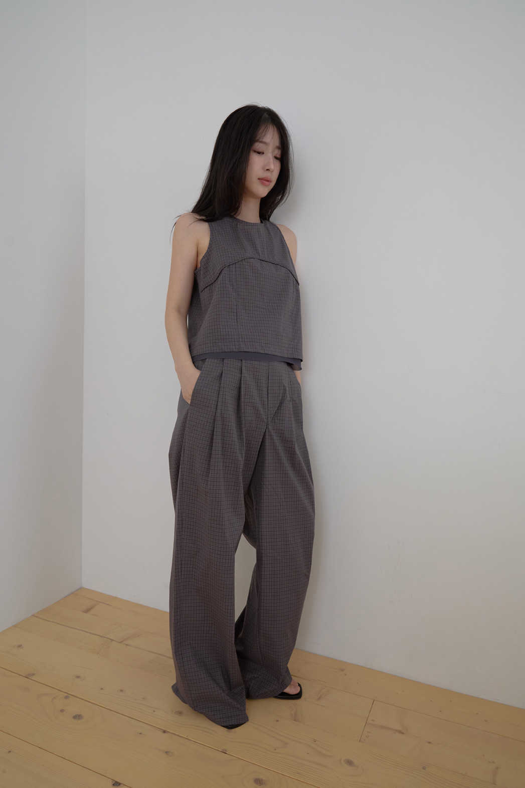 コットンストラップピンタックバックゴムセットアップ風ワイドチェックスカートパンツスカート付SS | 詳細画像2