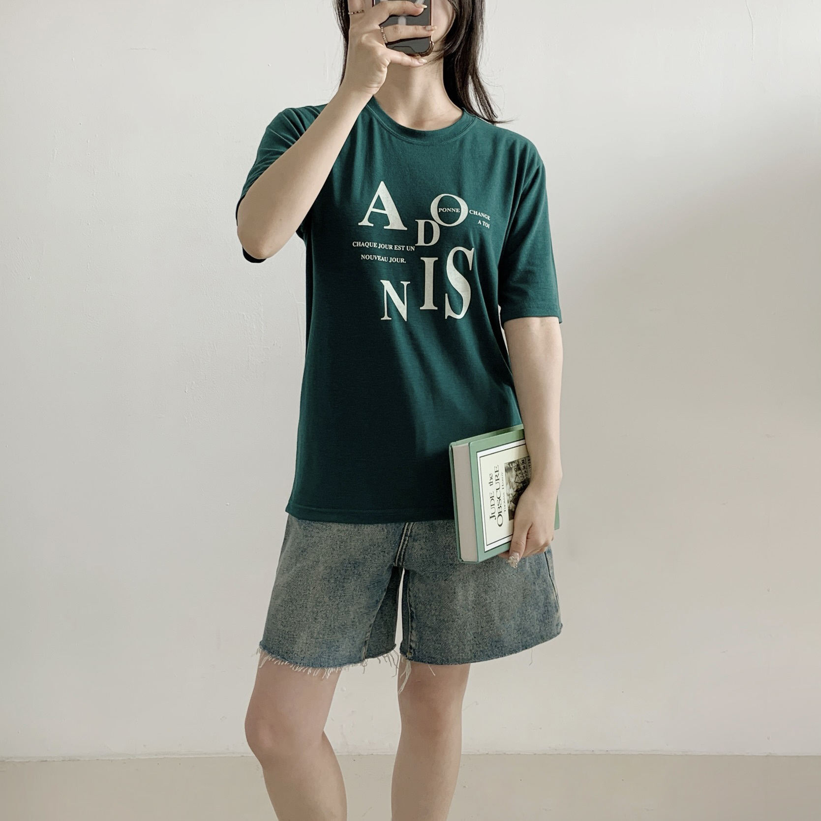 ラウンドネックシンプルベーシックドロップショルダーロゴプリントTシャツ | 詳細画像3