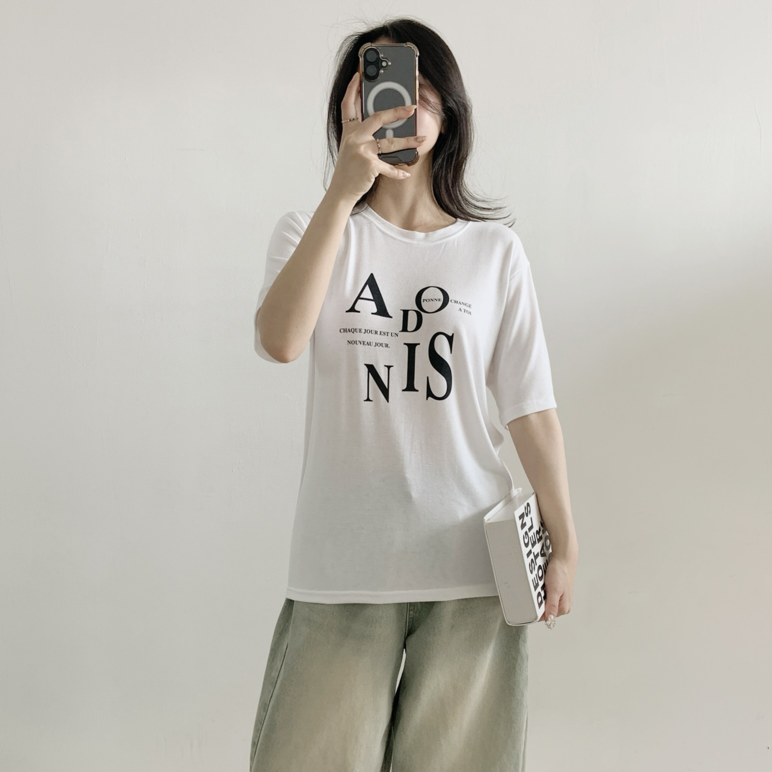 ラウンドネックシンプルベーシックドロップショルダーロゴプリントTシャツ | 詳細画像9