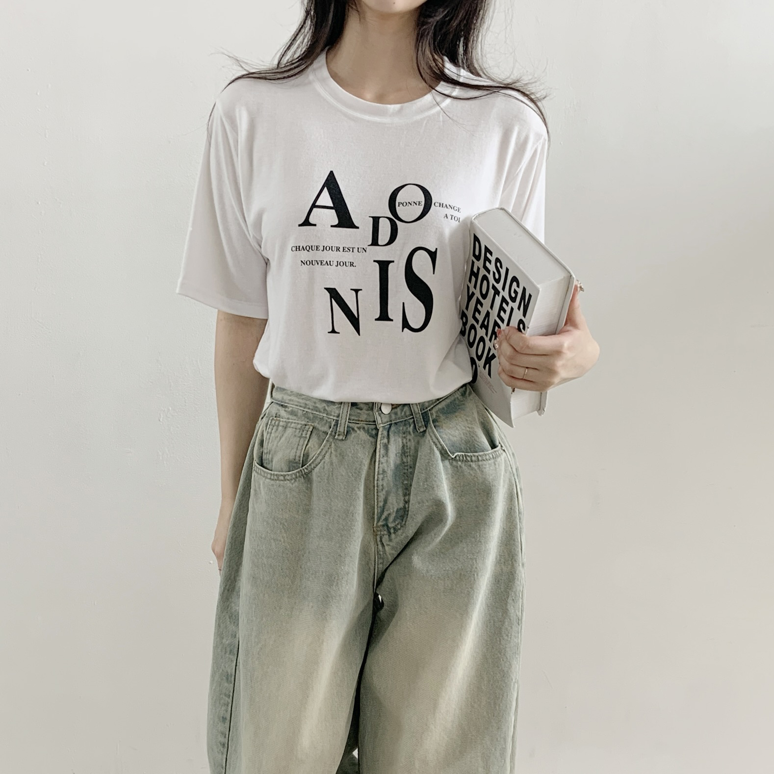 ラウンドネックシンプルベーシックドロップショルダーロゴプリントTシャツ | 詳細画像10