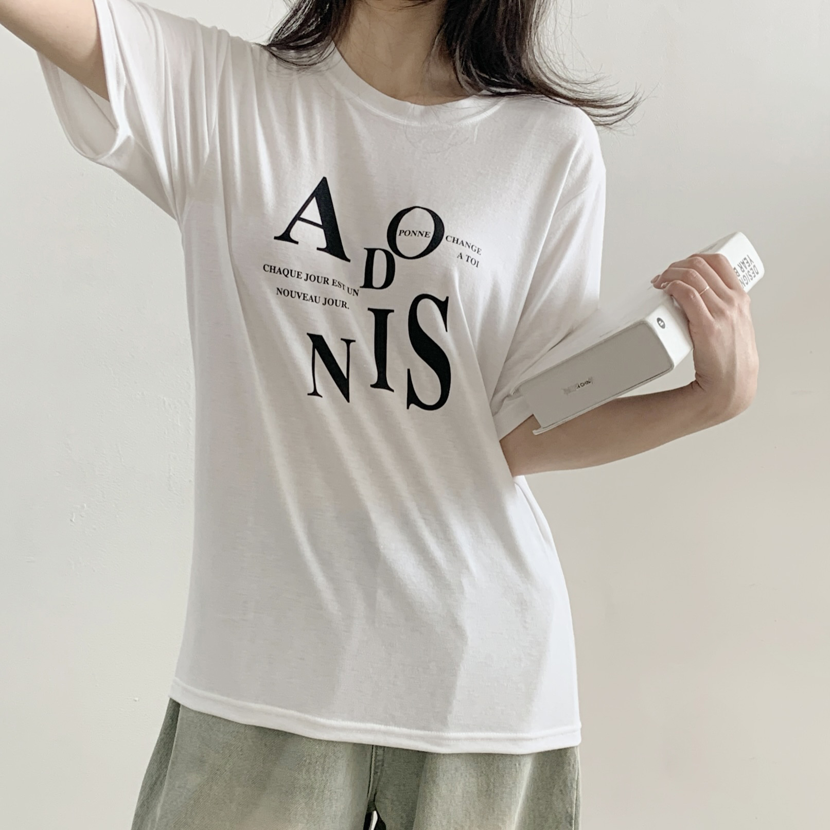 ラウンドネックシンプルベーシックドロップショルダーロゴプリントTシャツ | 詳細画像11