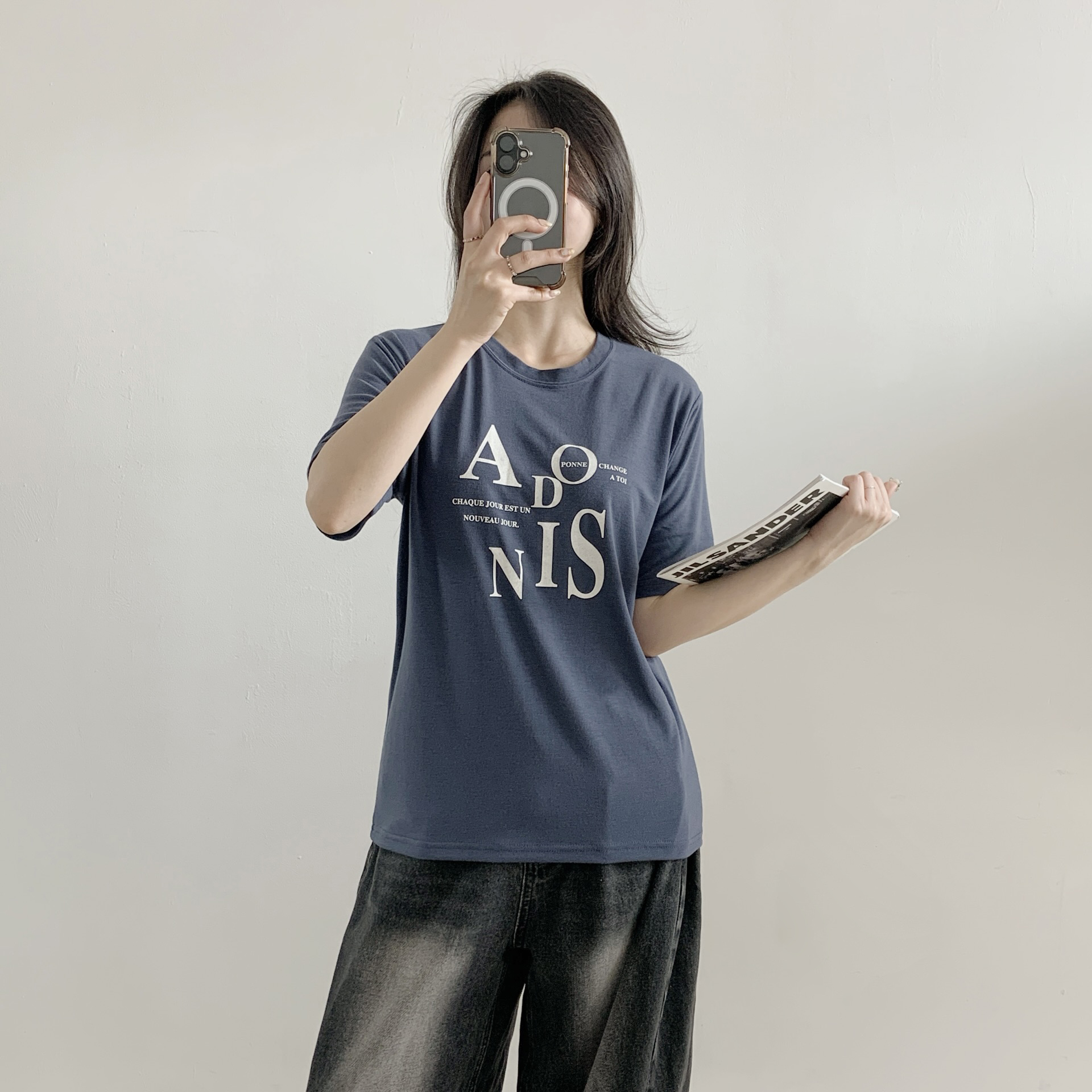 ラウンドネックシンプルベーシックドロップショルダーロゴプリントTシャツ | 詳細画像12