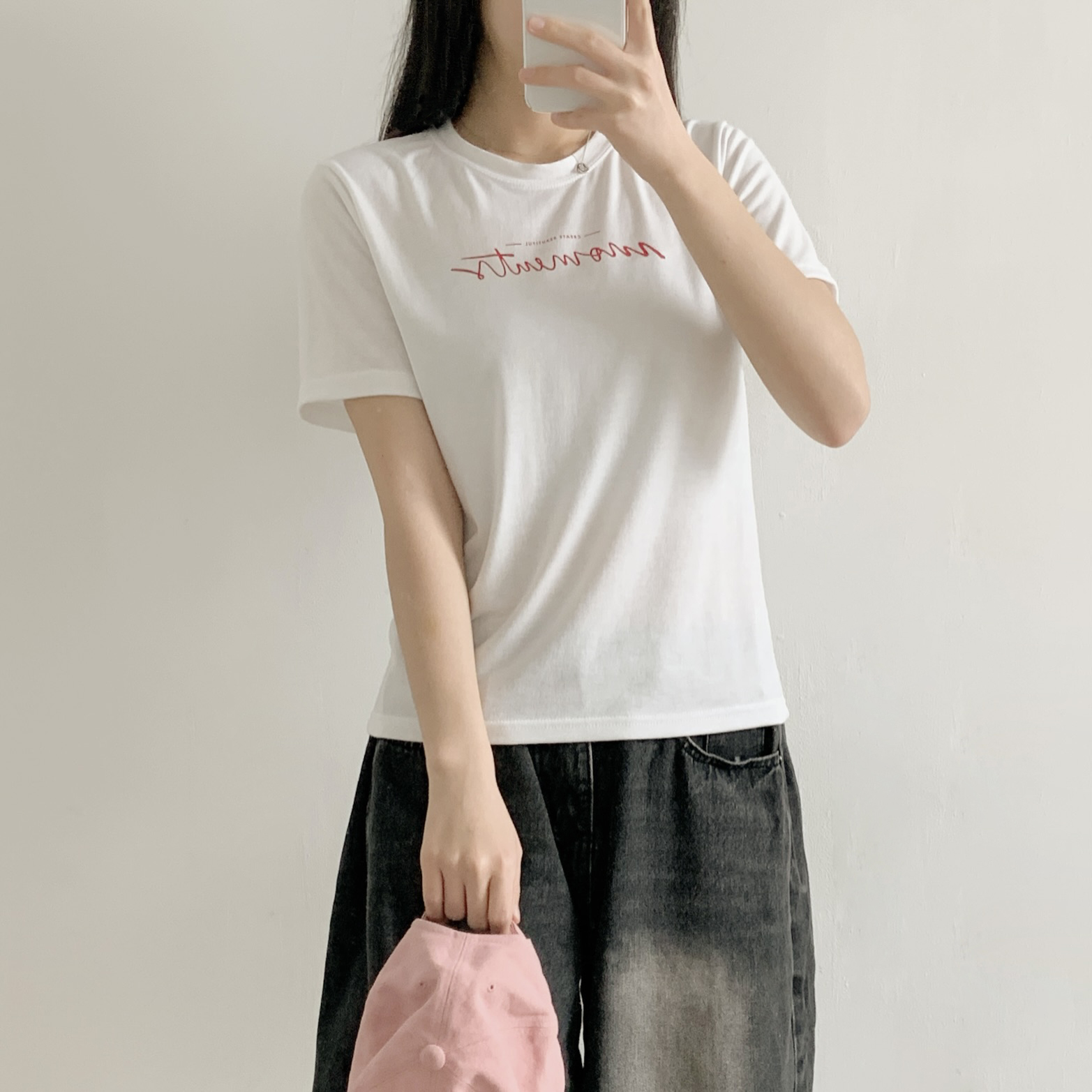 ラウンドネックシンプルベーシック半袖ロゴプリントTシャツ | 詳細画像3