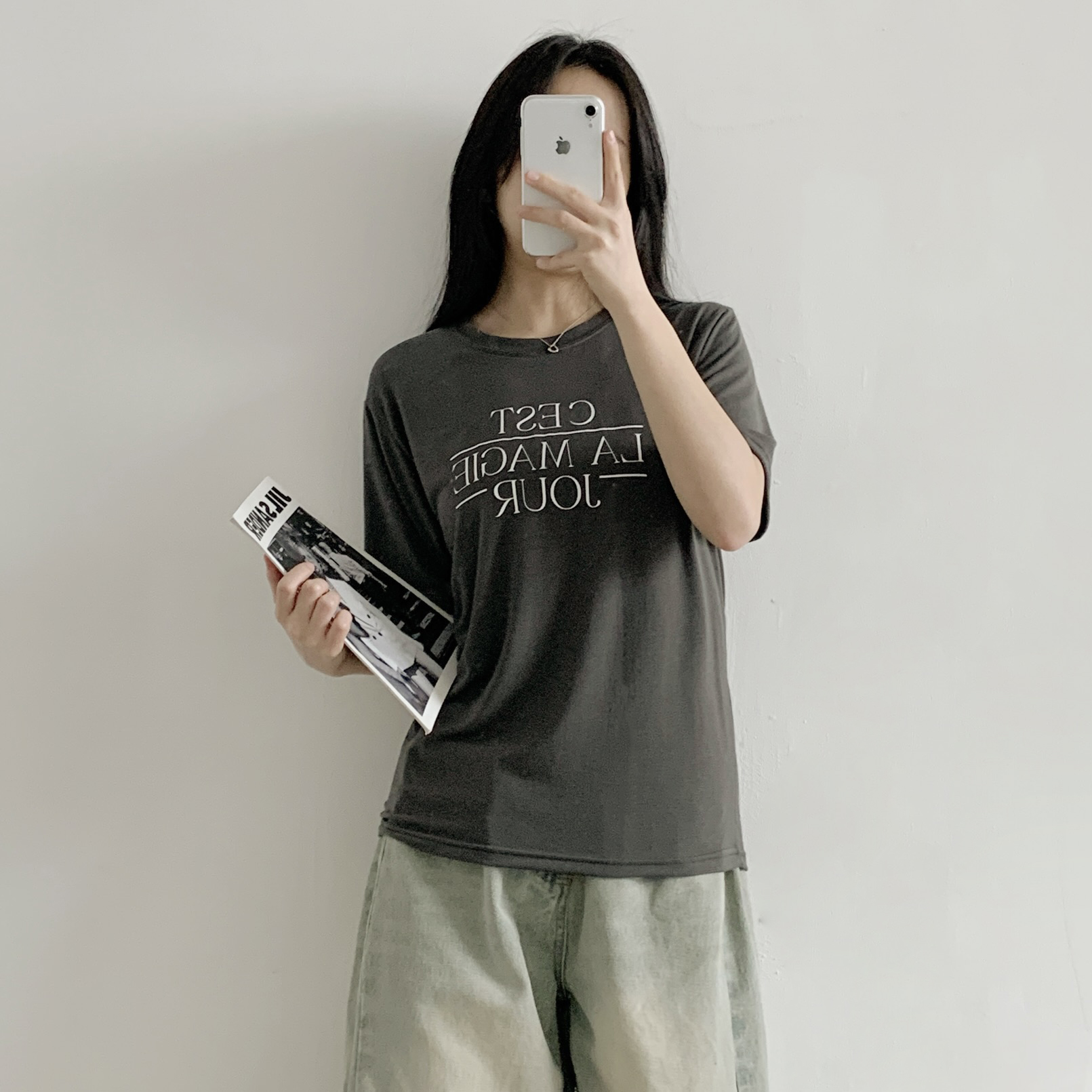 ラウンドネックシンプルベーシック5分丈ロゴプリントTシャツ | 詳細画像2