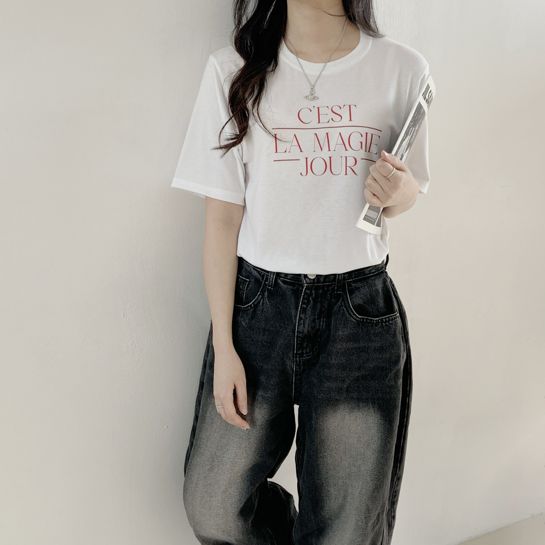 ラウンドネックシンプルベーシック5分丈ロゴプリントTシャツ | 詳細画像6