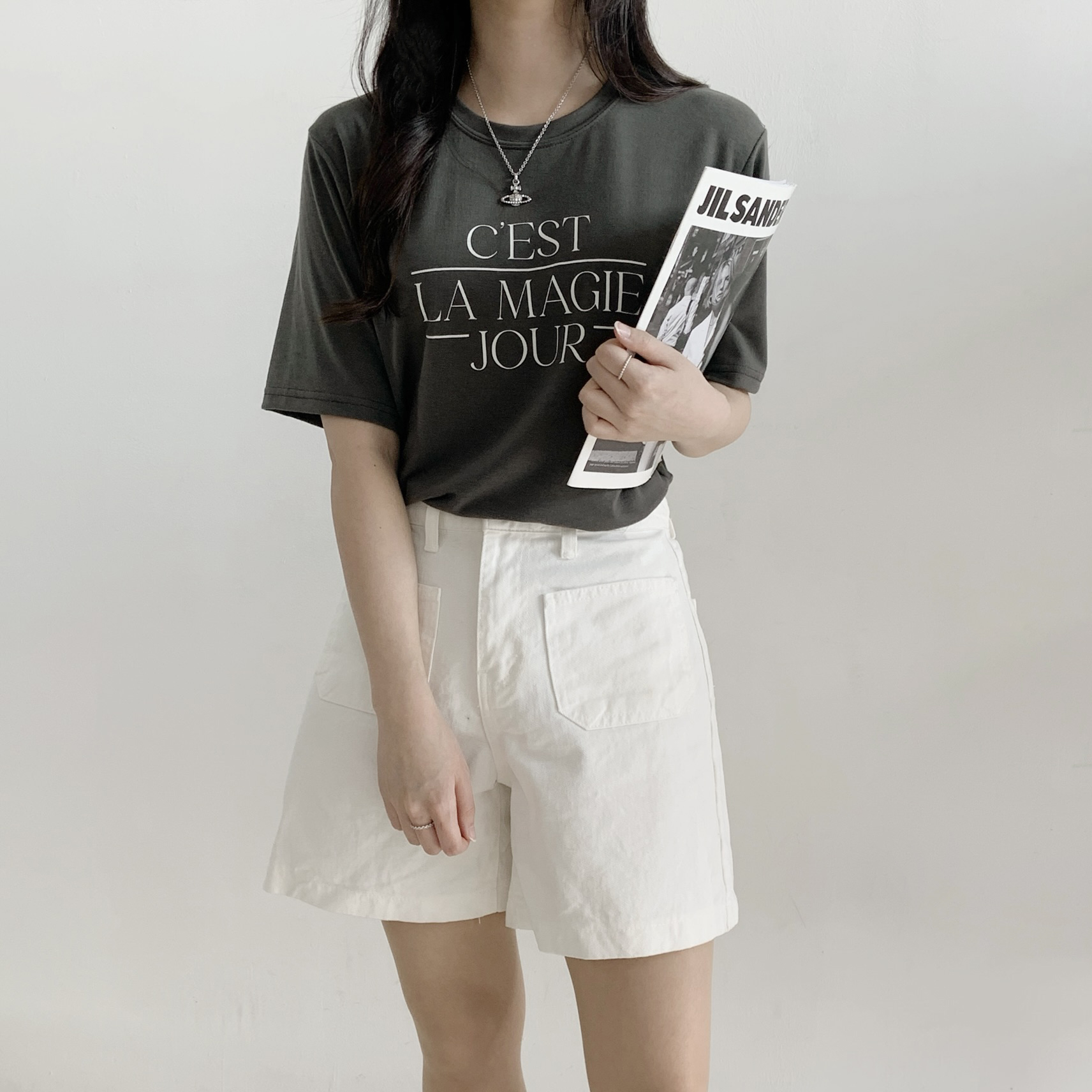 ラウンドネックシンプルベーシック5分丈ロゴプリントTシャツ | 詳細画像7