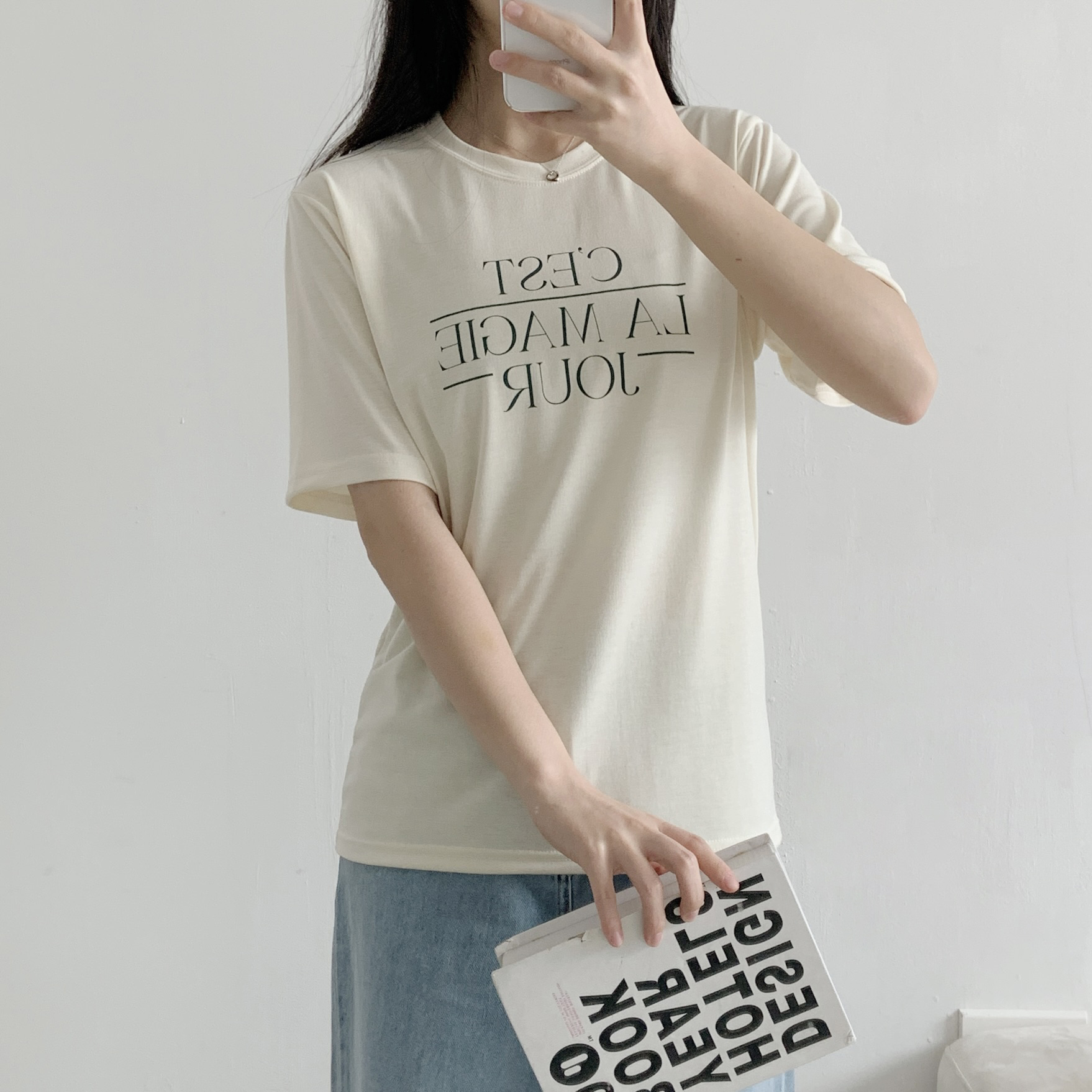 ラウンドネックシンプルベーシック5分丈ロゴプリントTシャツ | 詳細画像13