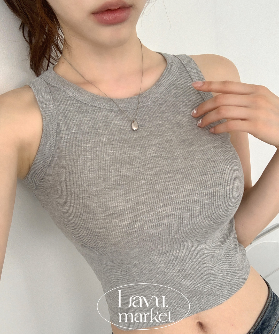 リブスリムラウンドネックベーシッククロップドノースリーブ
