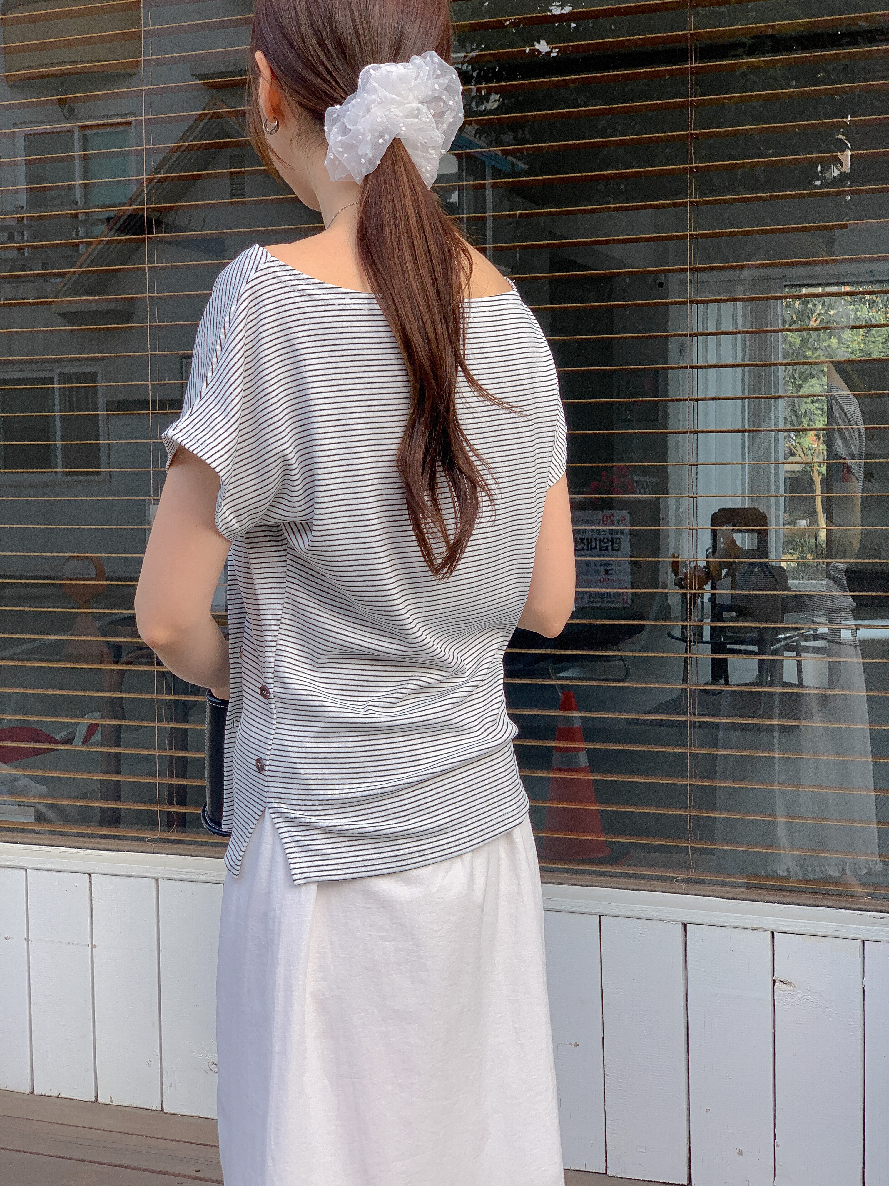 ボートネックアンバランス半袖サイドボタンボーダーTシャツ | 詳細画像5