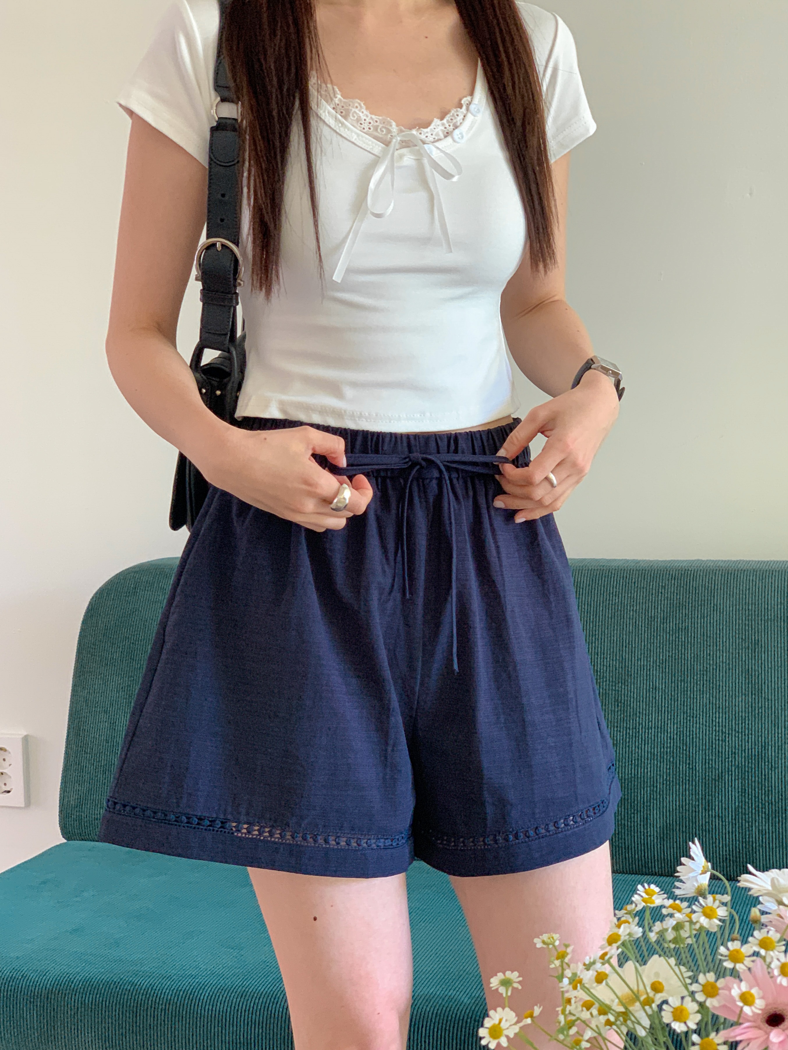 ドローストリングパンチングウエストゴムワイドショートパンツ | 詳細画像14