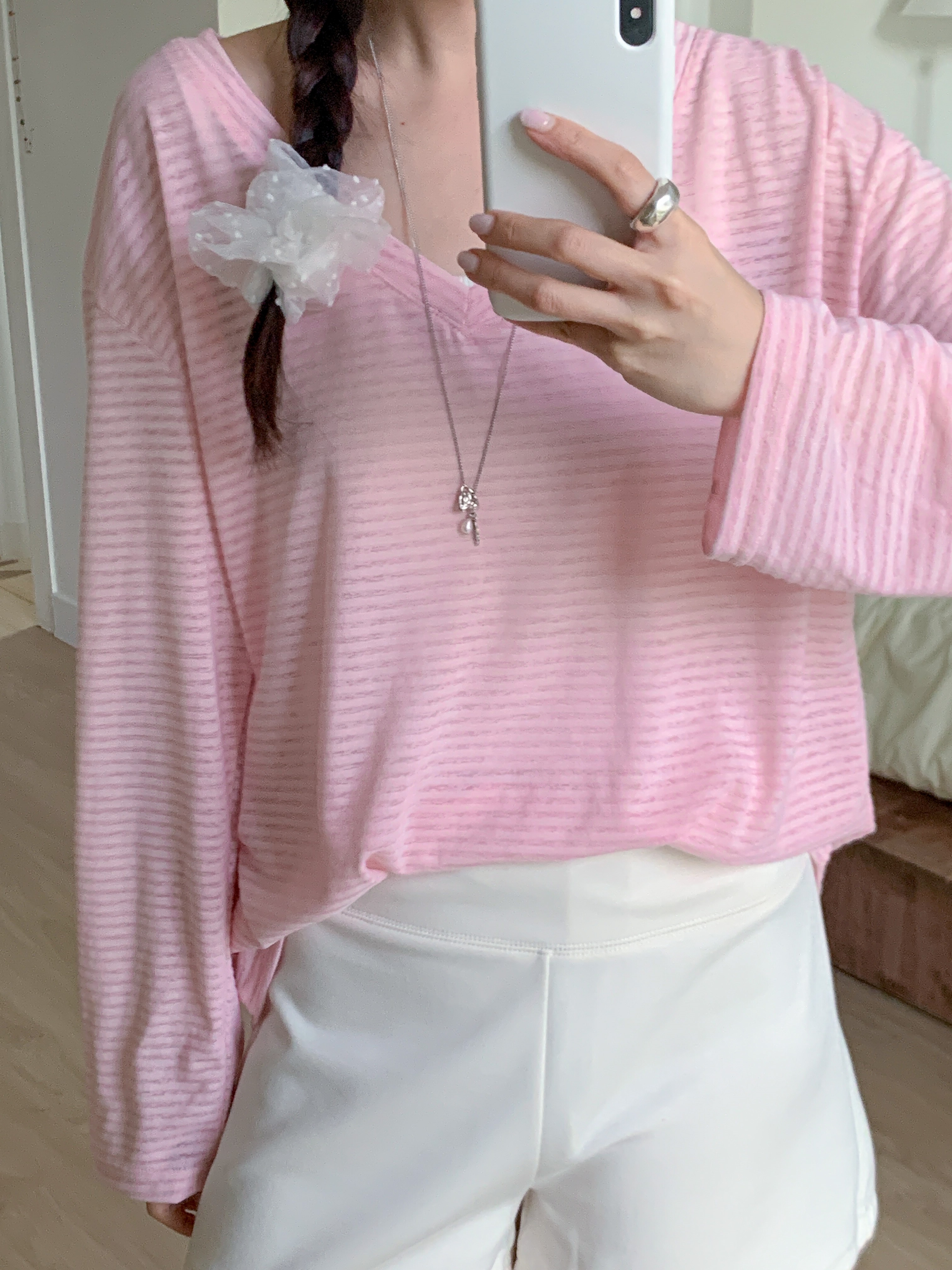 Vネックオーバーサイズ長袖ボーダーTシャツ | 詳細画像3