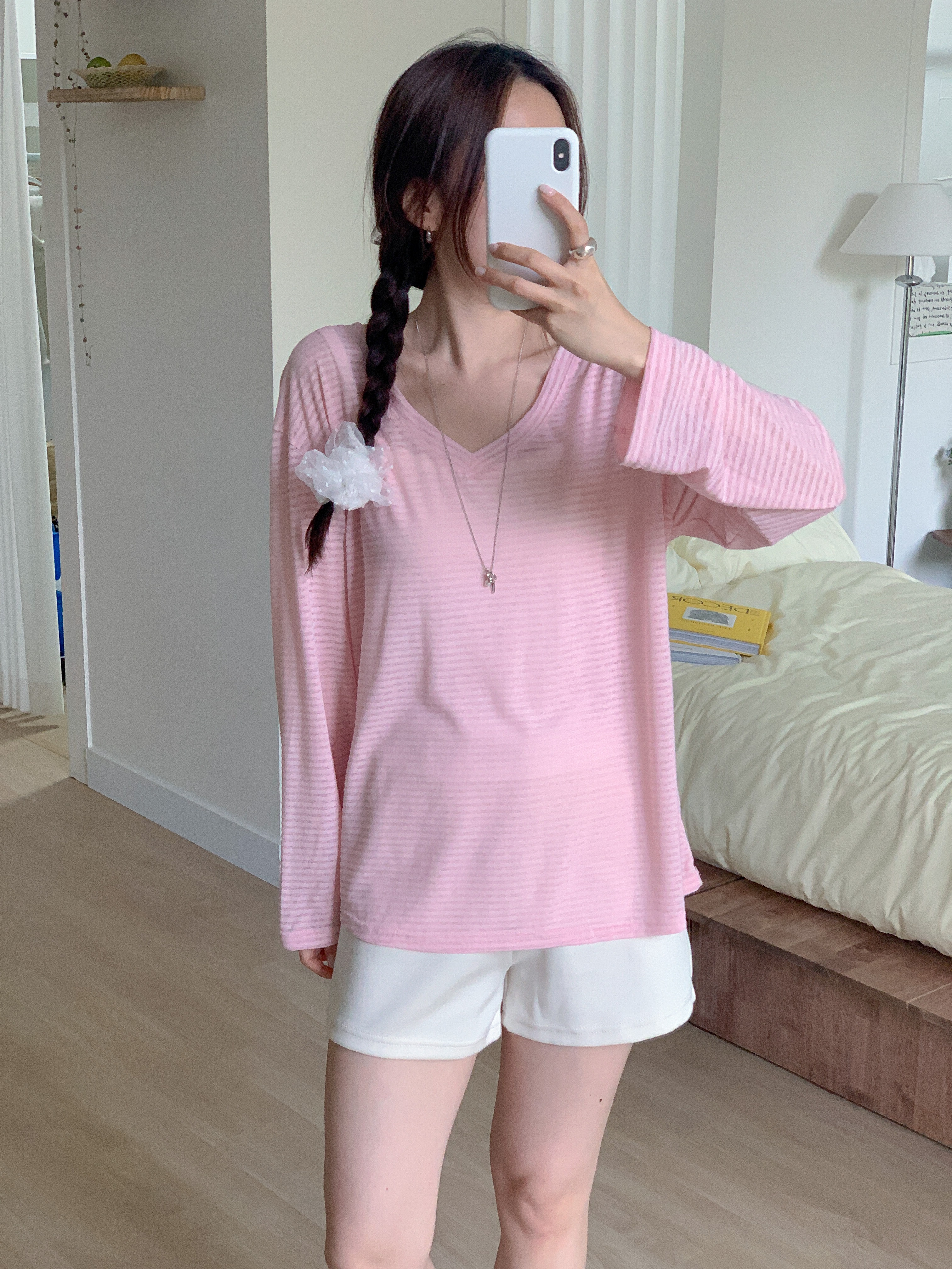 Vネックオーバーサイズ長袖ボーダーTシャツ | 詳細画像6