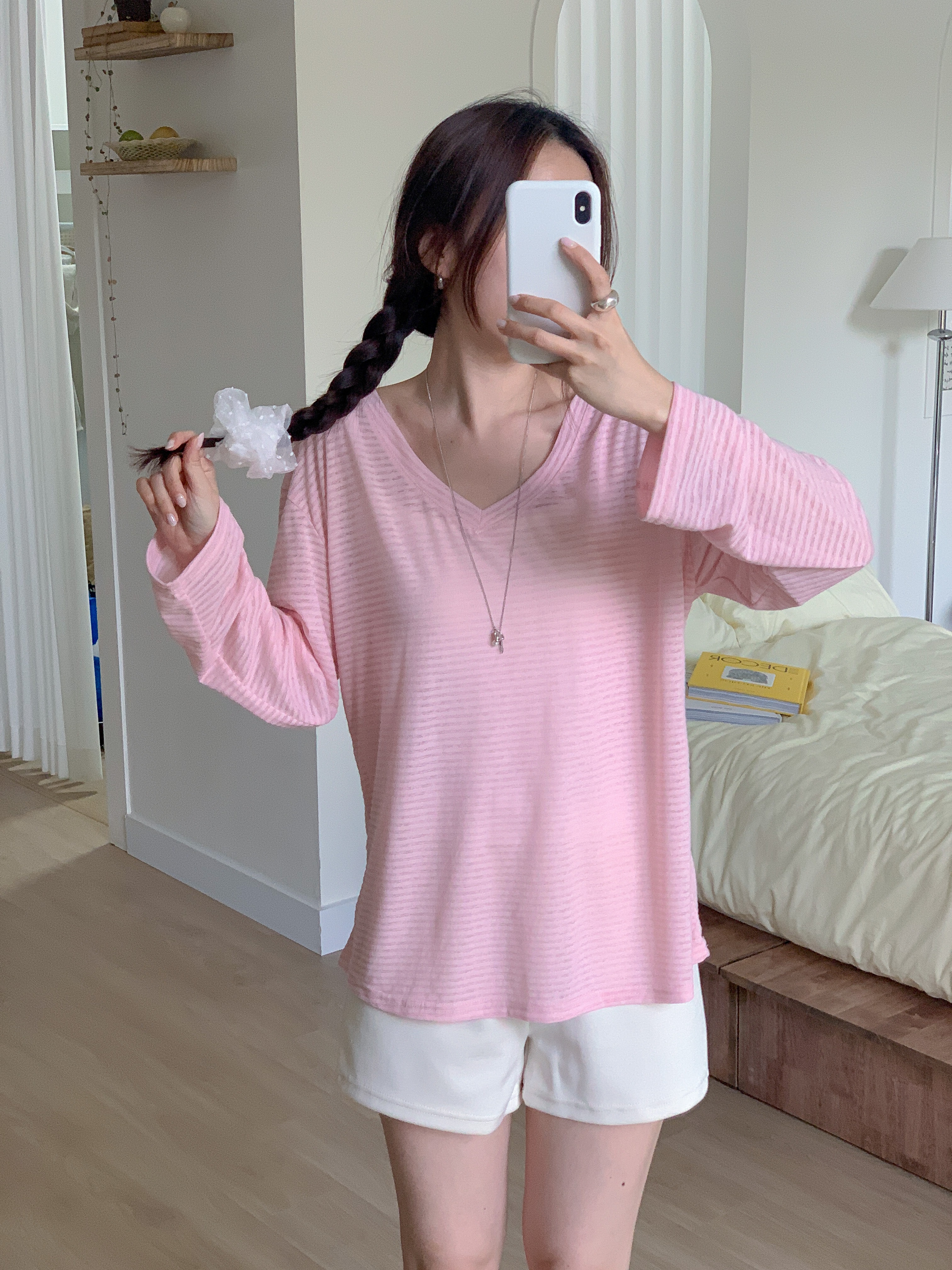 Vネックオーバーサイズ長袖ボーダーTシャツ | 詳細画像7