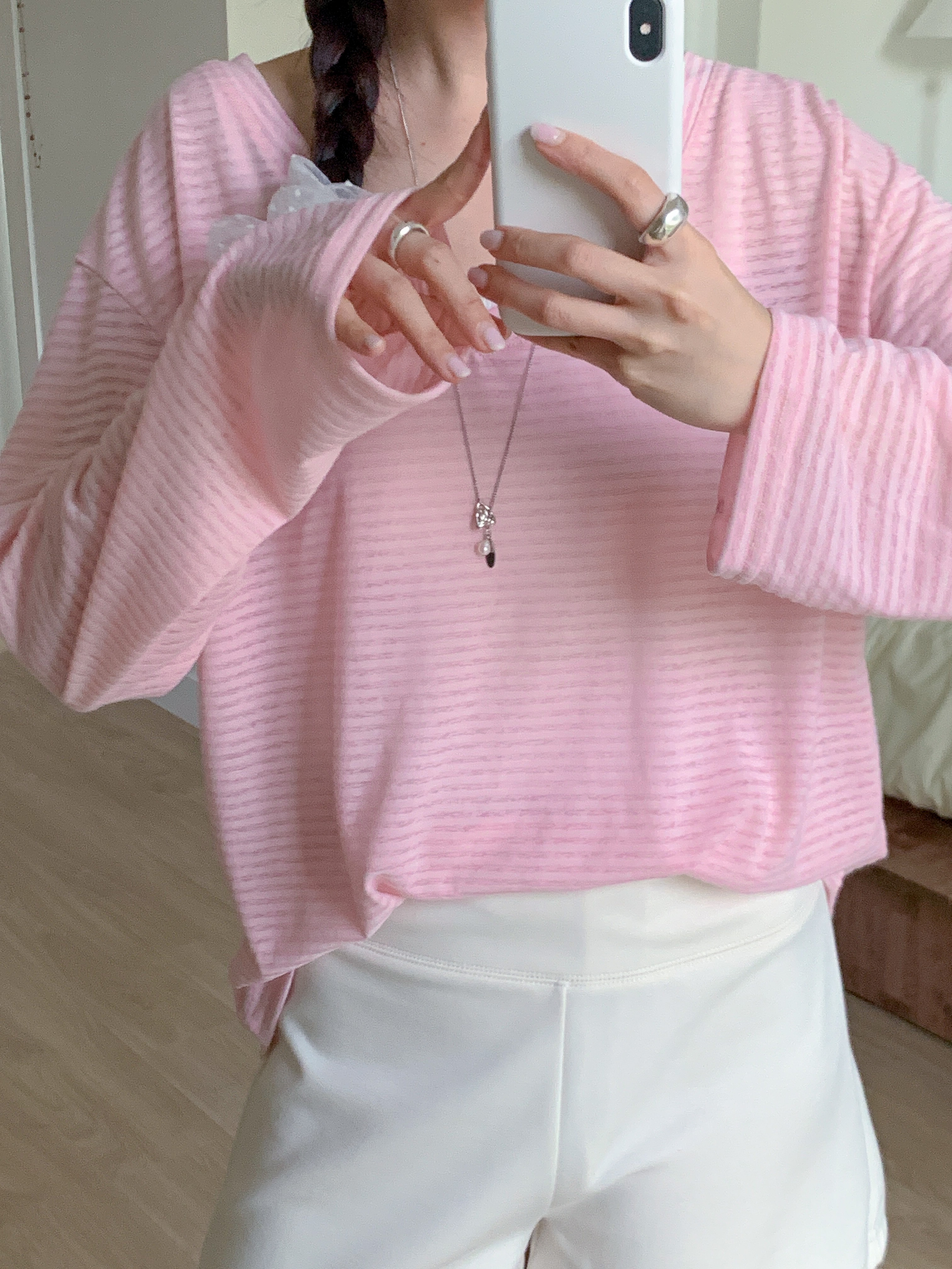 Vネックオーバーサイズ長袖ボーダーTシャツ | 詳細画像8