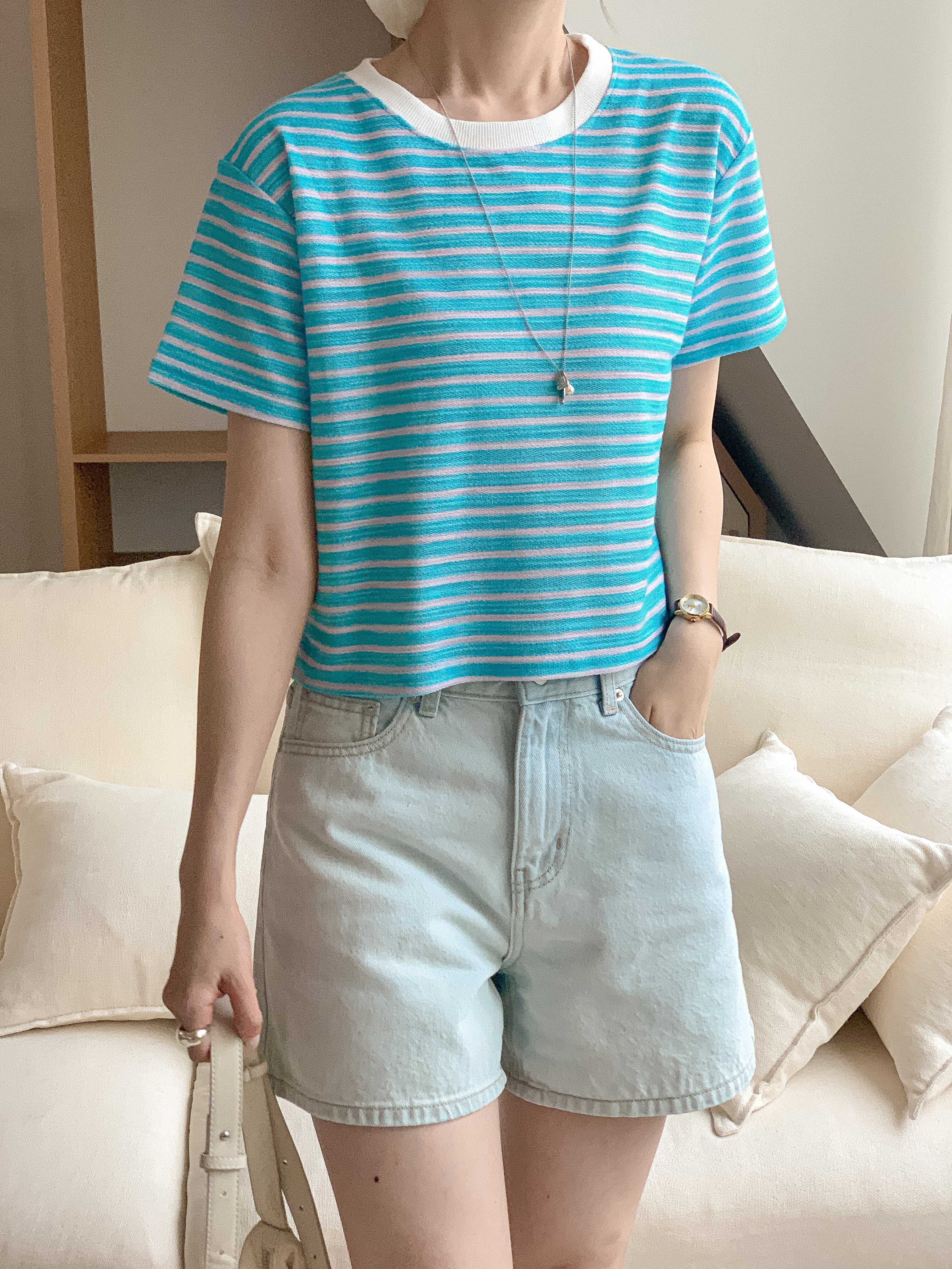 ラウンドネック半袖セミクロップドボーダーTシャツ | 詳細画像2