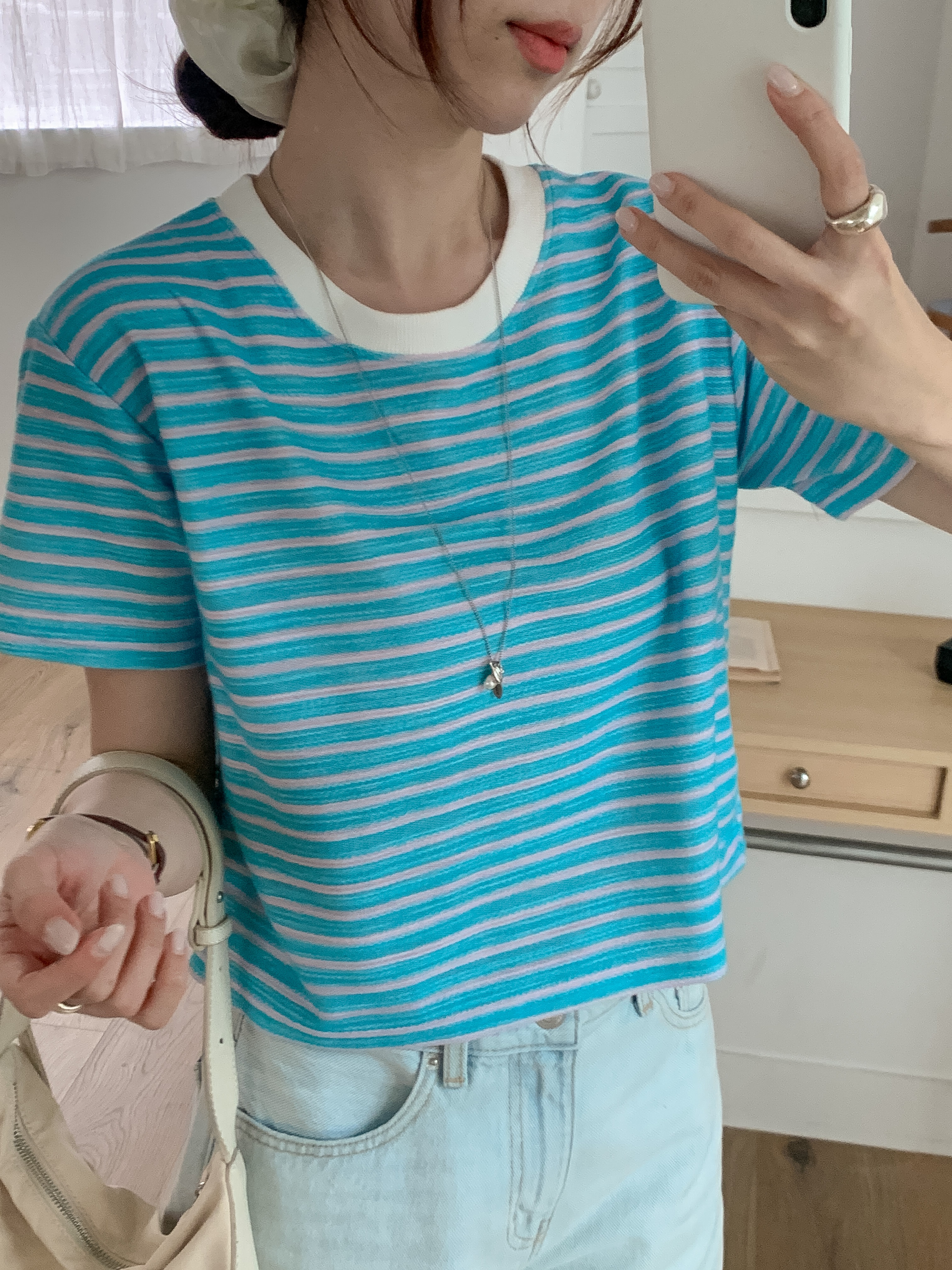 ラウンドネック半袖セミクロップドボーダーTシャツ | 詳細画像3