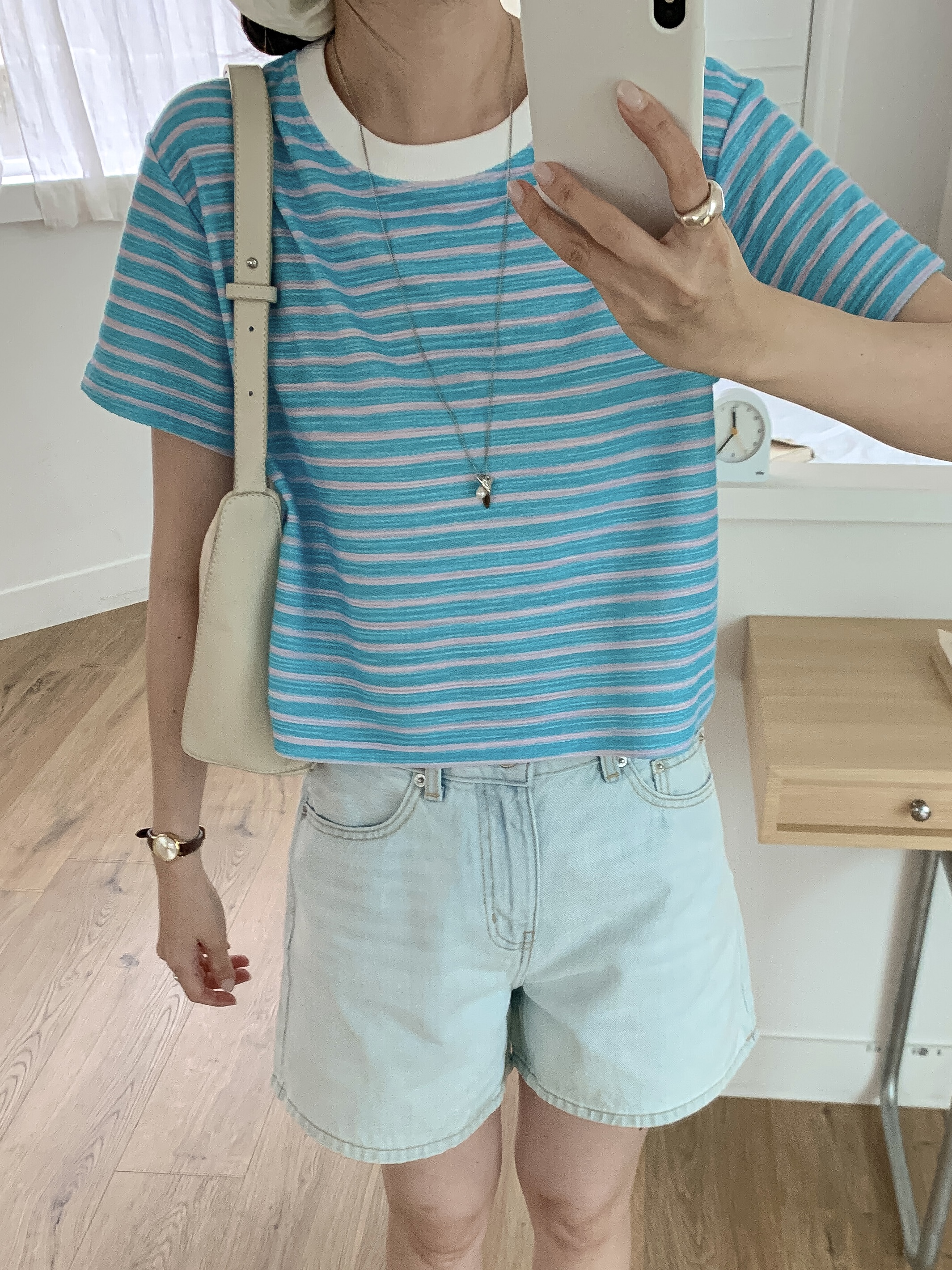 ラウンドネック半袖セミクロップドボーダーTシャツ | 詳細画像9