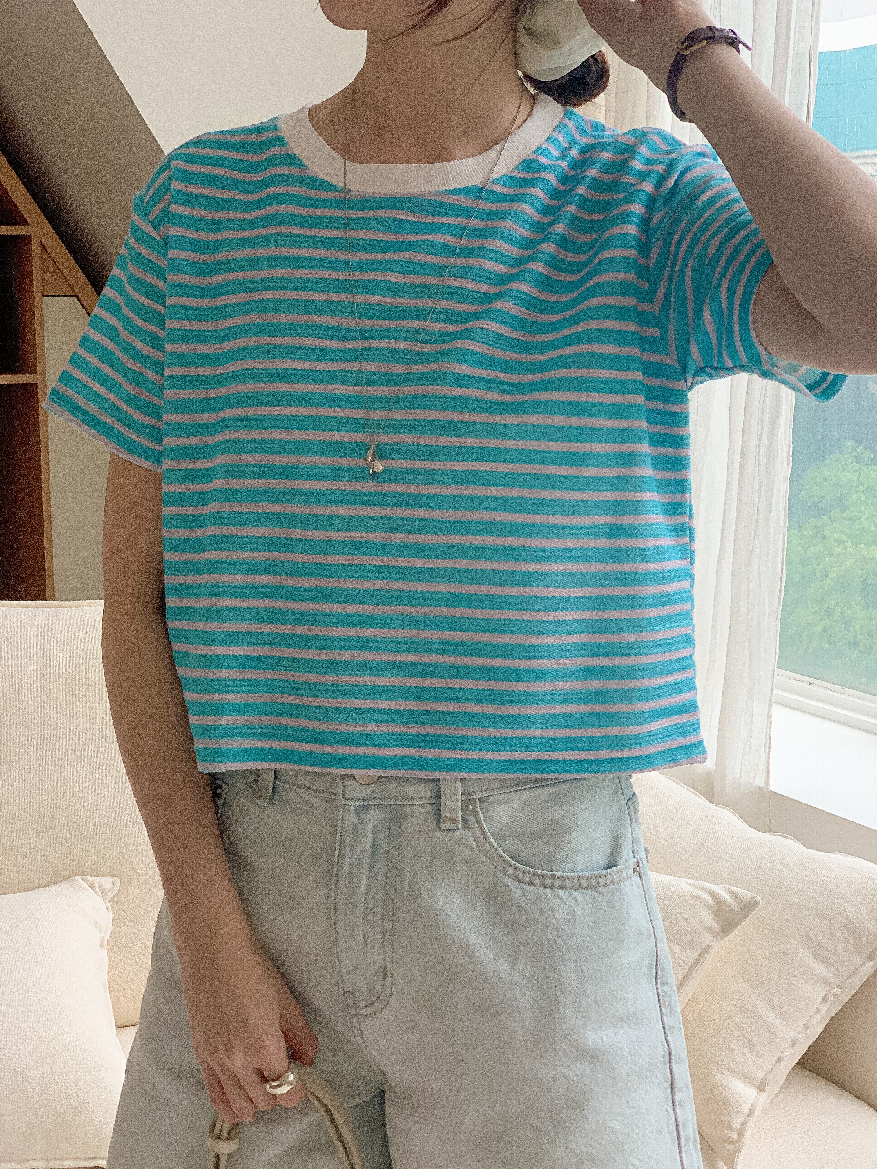 ラウンドネック半袖セミクロップドボーダーTシャツ | 詳細画像10
