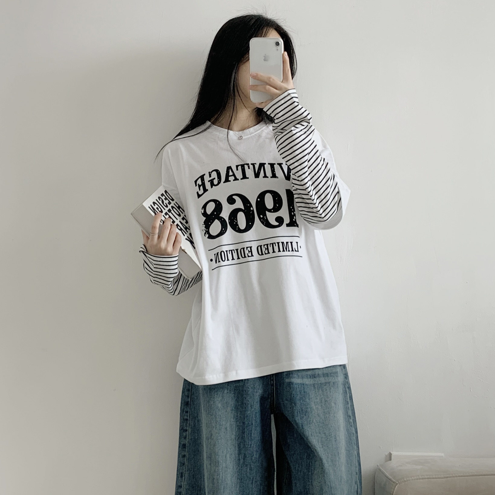 オーバーサイズレイヤード風長袖レタリングボーダーナンバーTシャツ | 詳細画像2