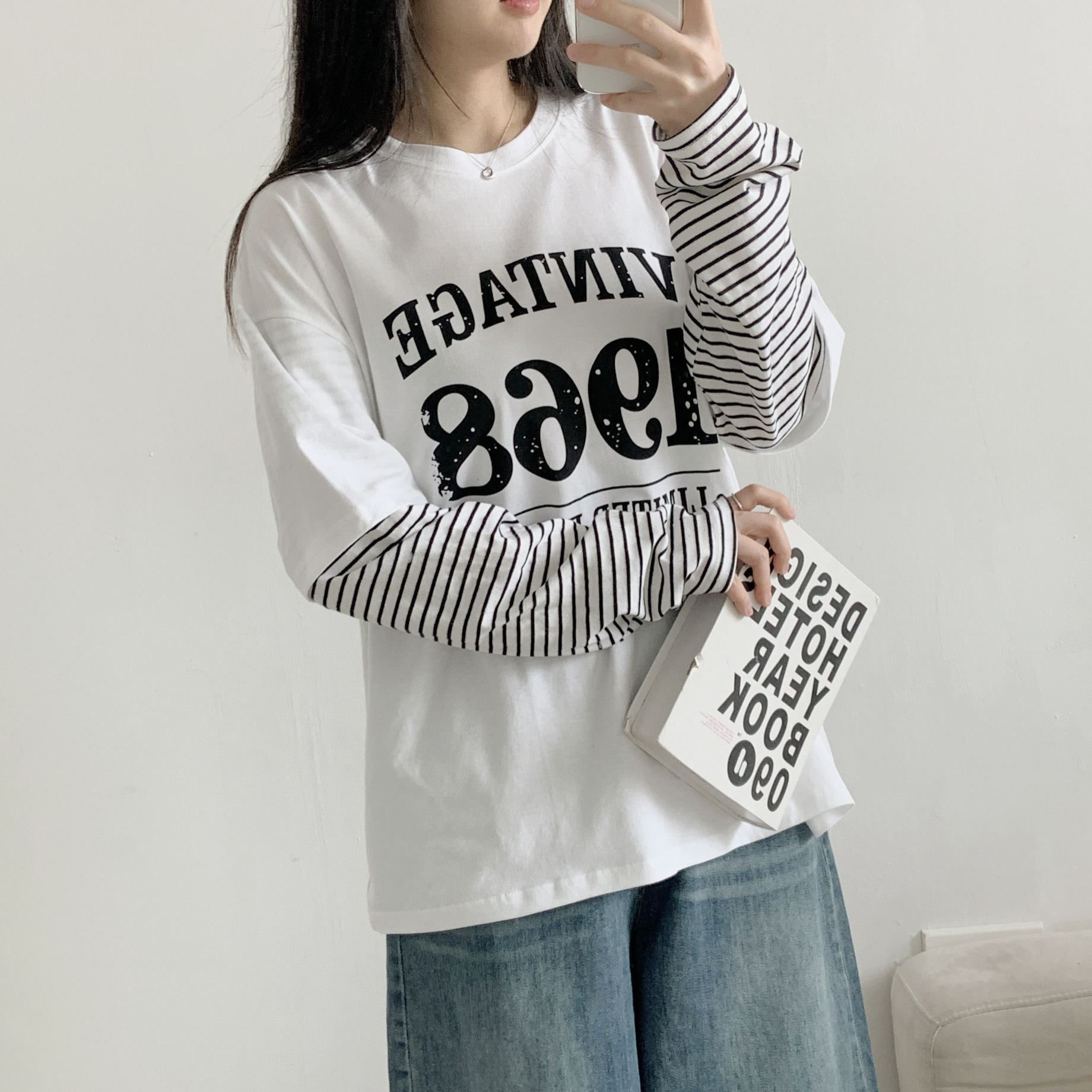 オーバーサイズレイヤード風長袖レタリングボーダーナンバーTシャツ | 詳細画像3