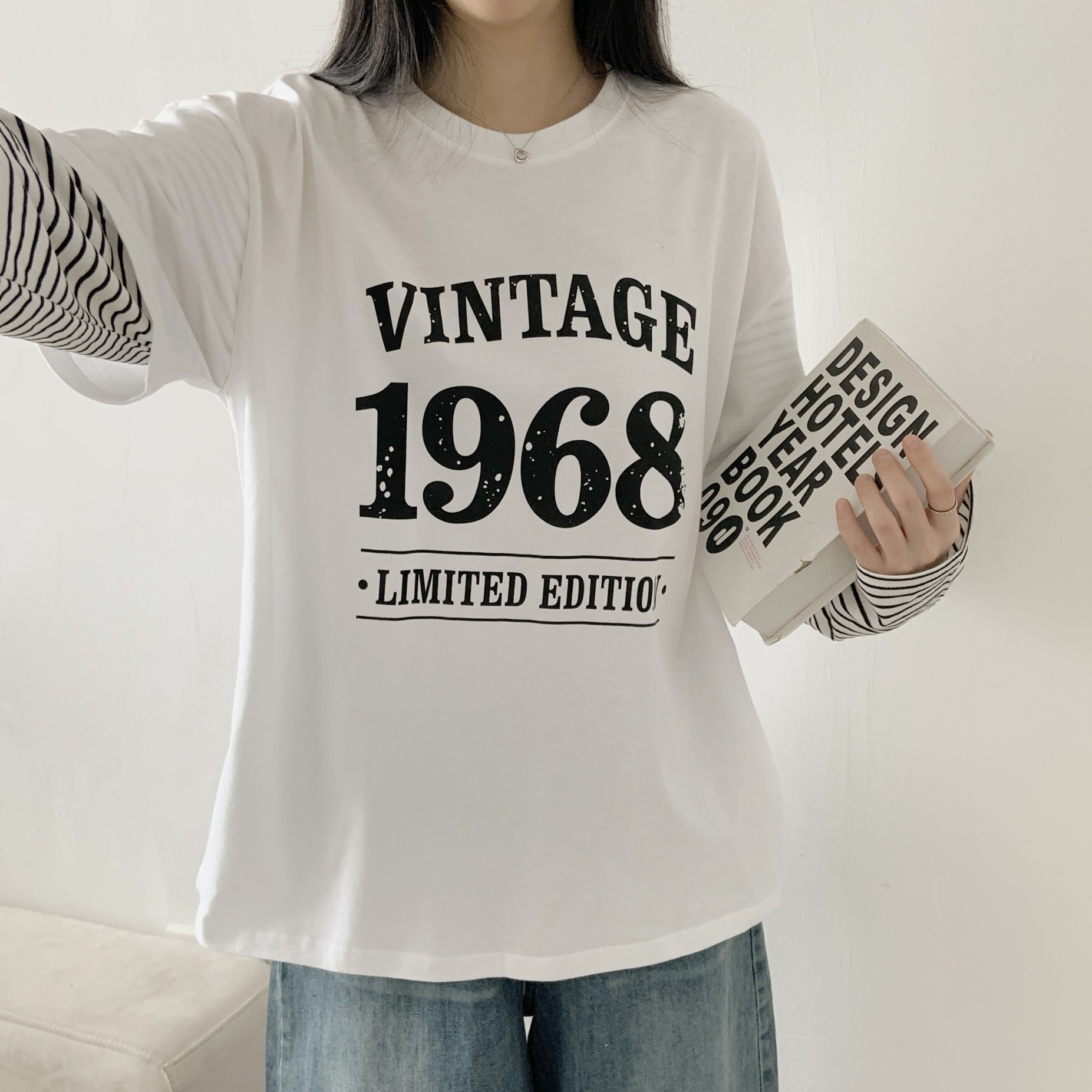 オーバーサイズレイヤード風長袖レタリングボーダーナンバーTシャツ | 詳細画像5