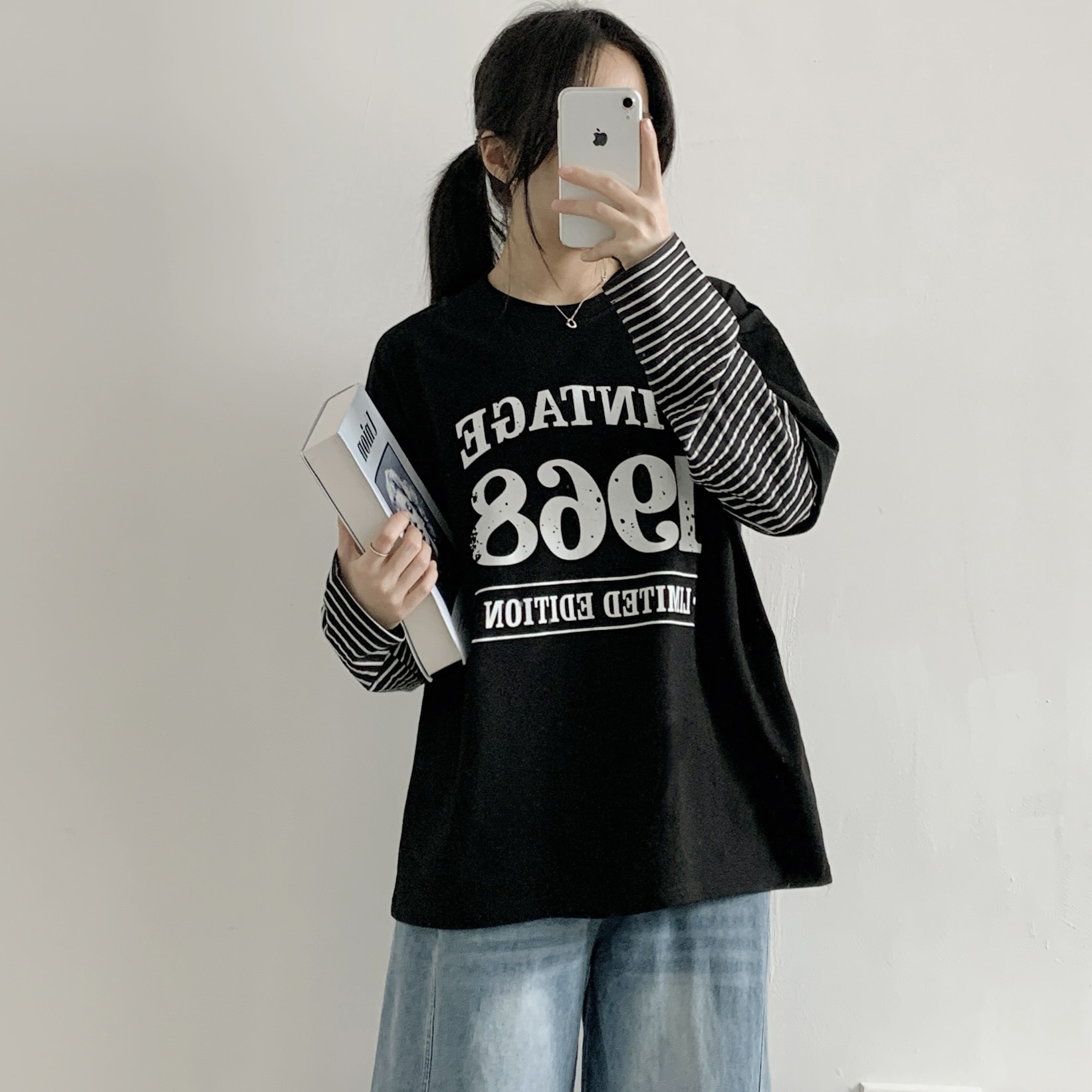 オーバーサイズレイヤード風長袖レタリングボーダーナンバーTシャツ | 詳細画像6