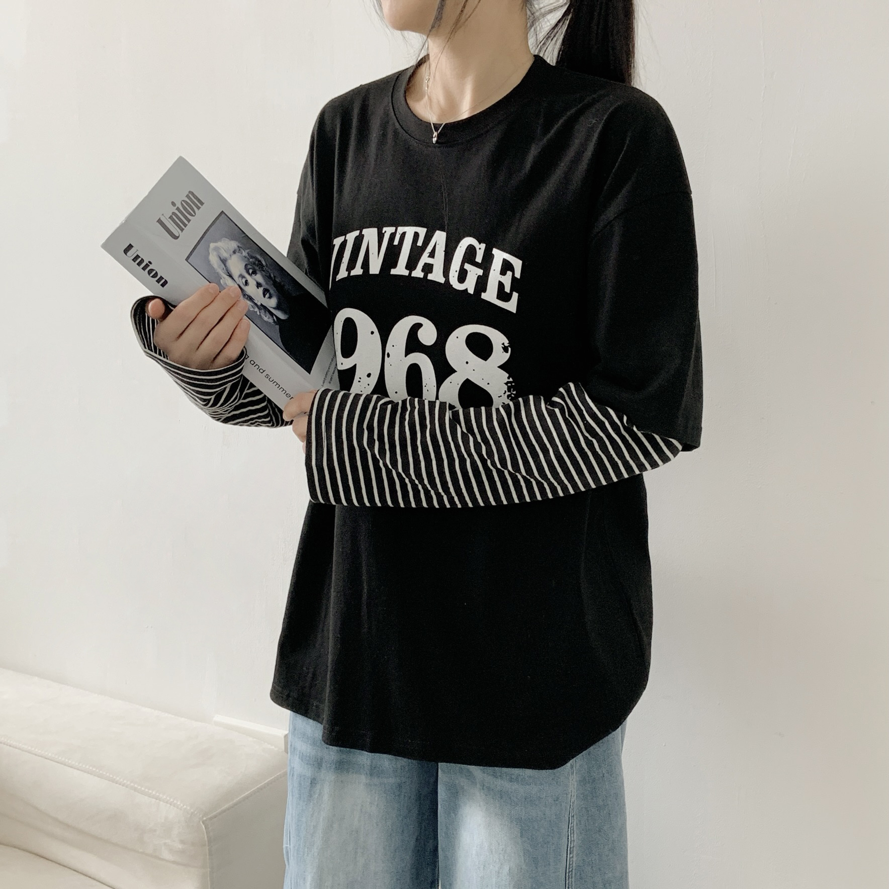 オーバーサイズレイヤード風長袖レタリングボーダーナンバーTシャツ | 詳細画像8