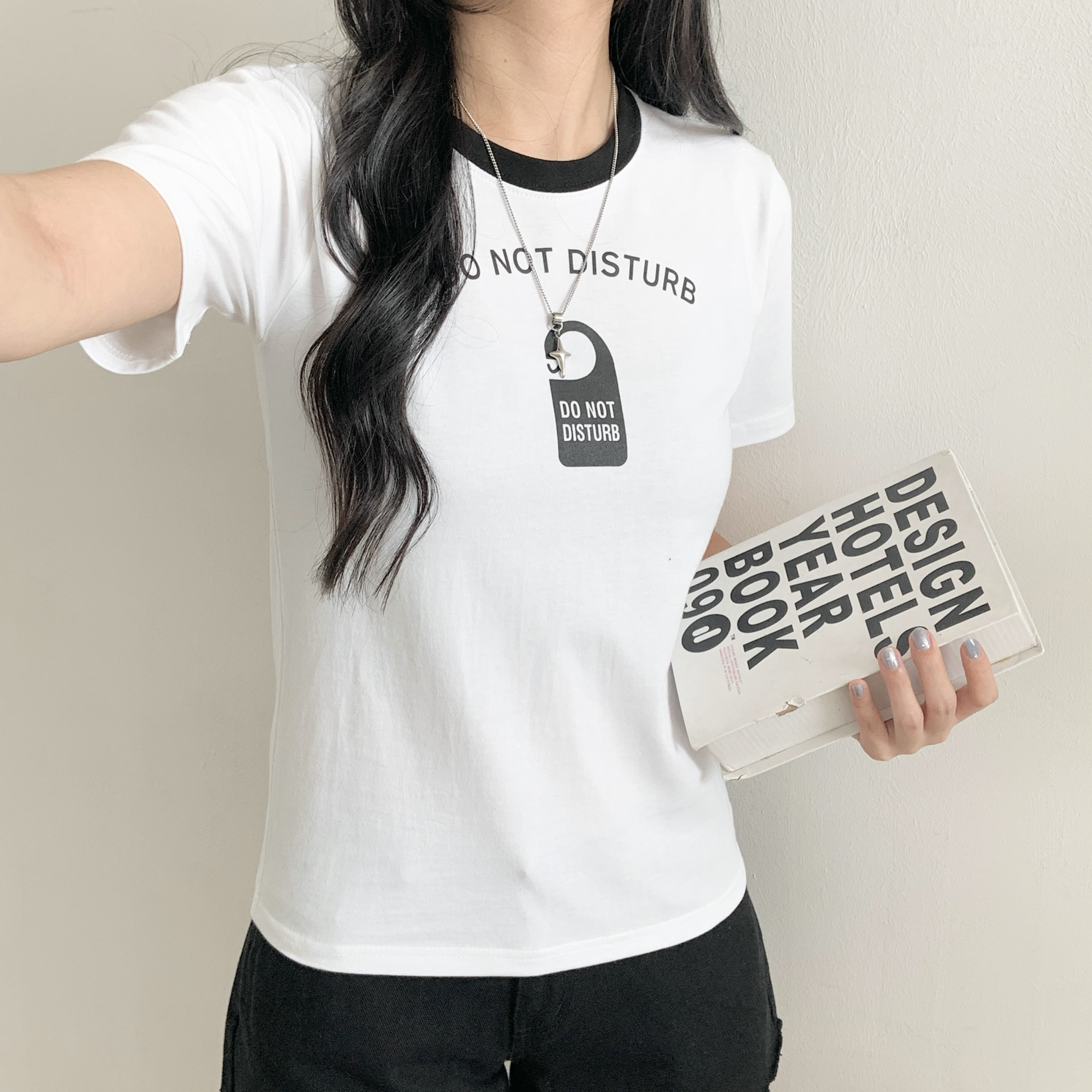 ラウンドネックシンプルスリムレタリング配色Tシャツ | 詳細画像6