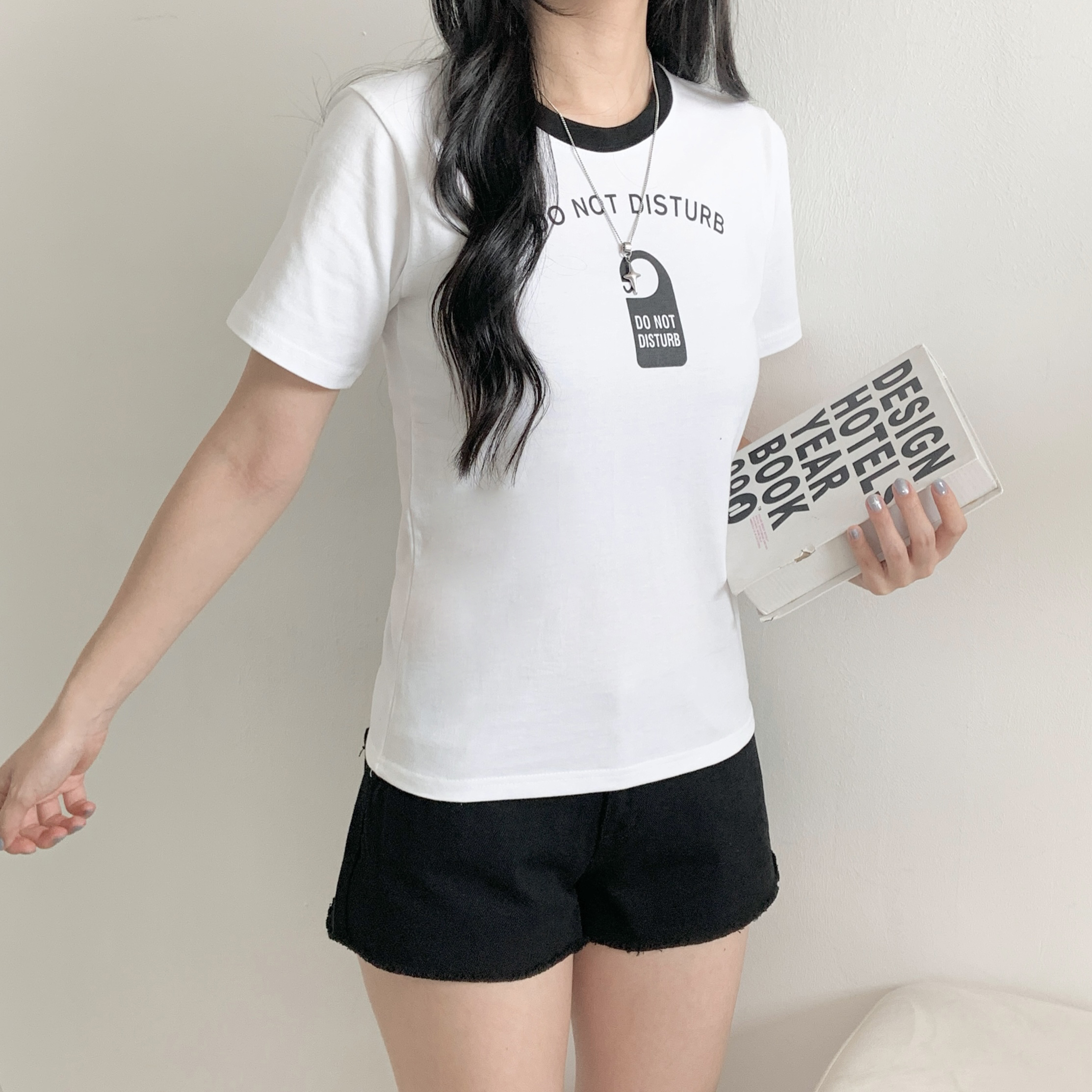 ラウンドネックシンプルスリムレタリング配色Tシャツ | 詳細画像7