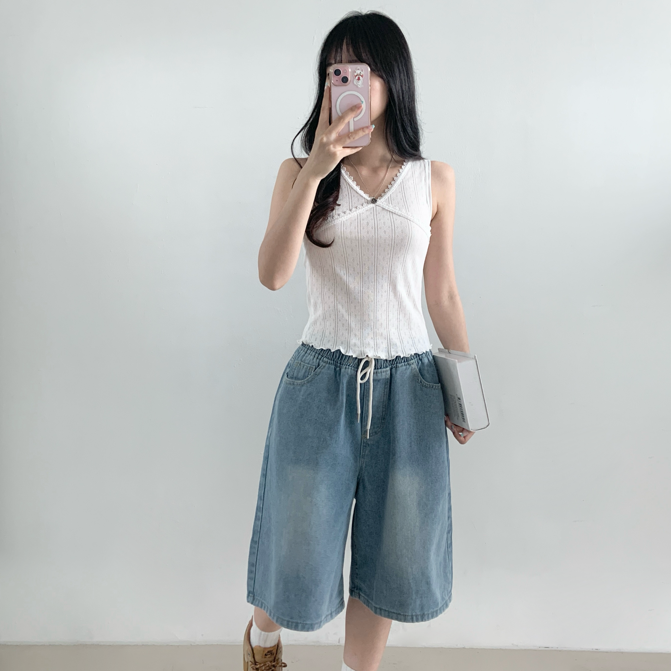 Vネックフリルパンチングシンプルスリムレースノースリーブ | 詳細画像3