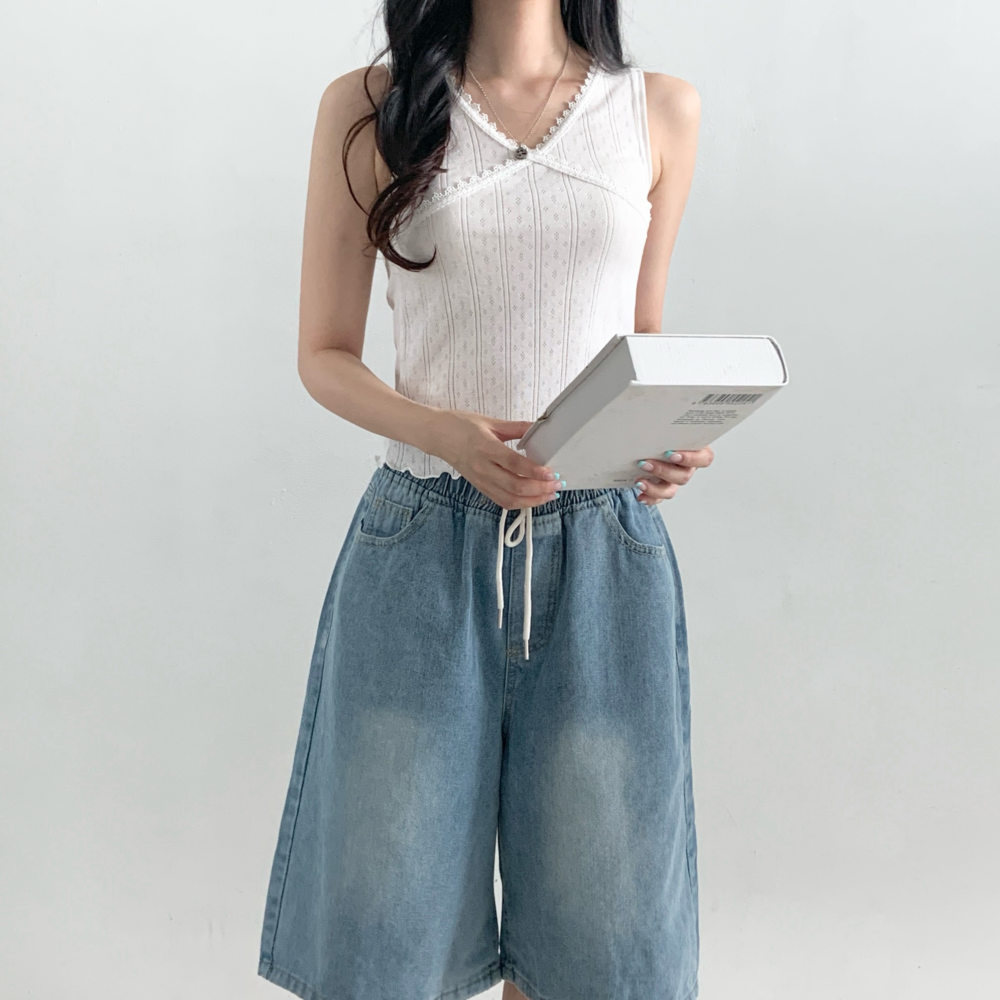 Vネックフリルパンチングシンプルスリムレースノースリーブ | 詳細画像5