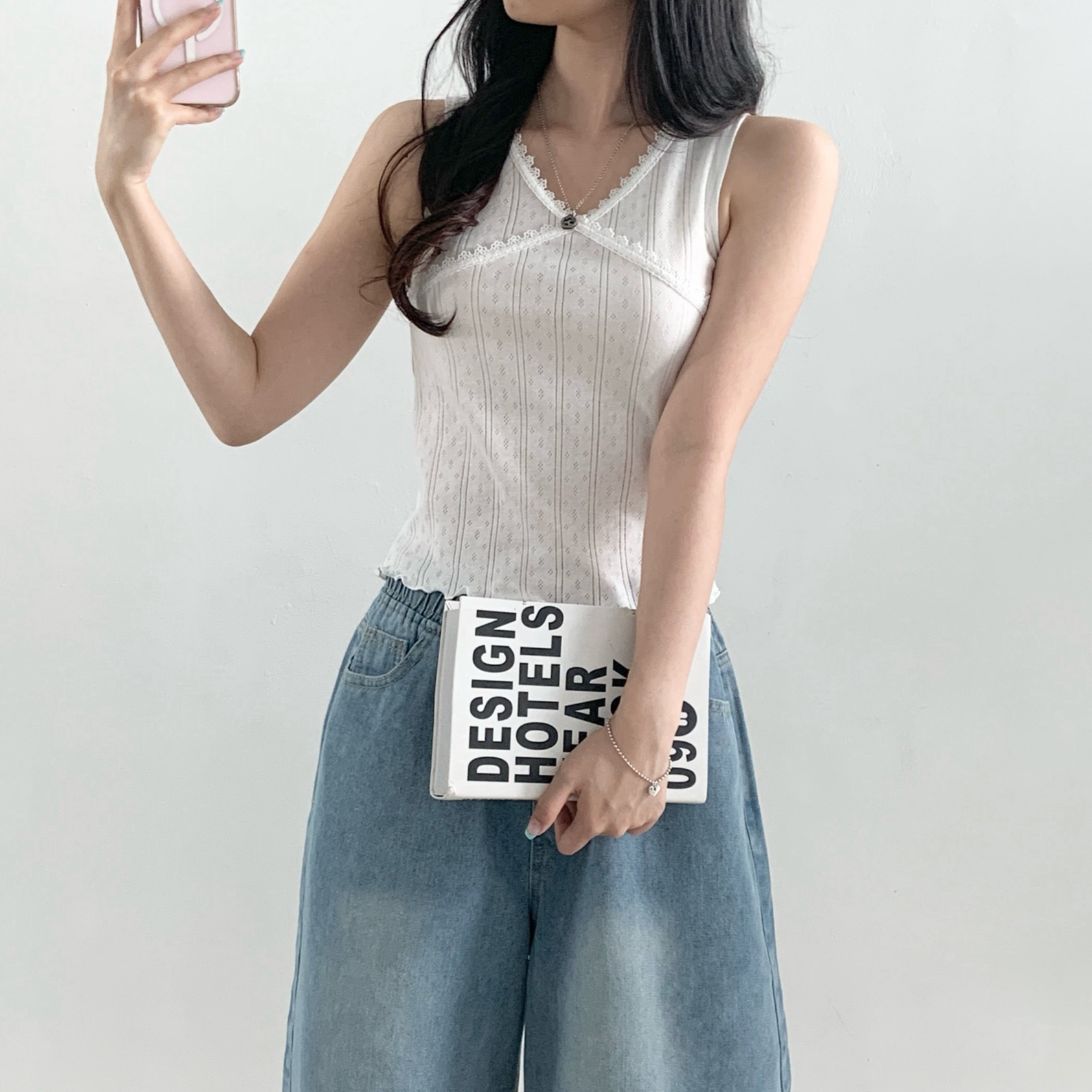 Vネックフリルパンチングシンプルスリムレースノースリーブ | 詳細画像6